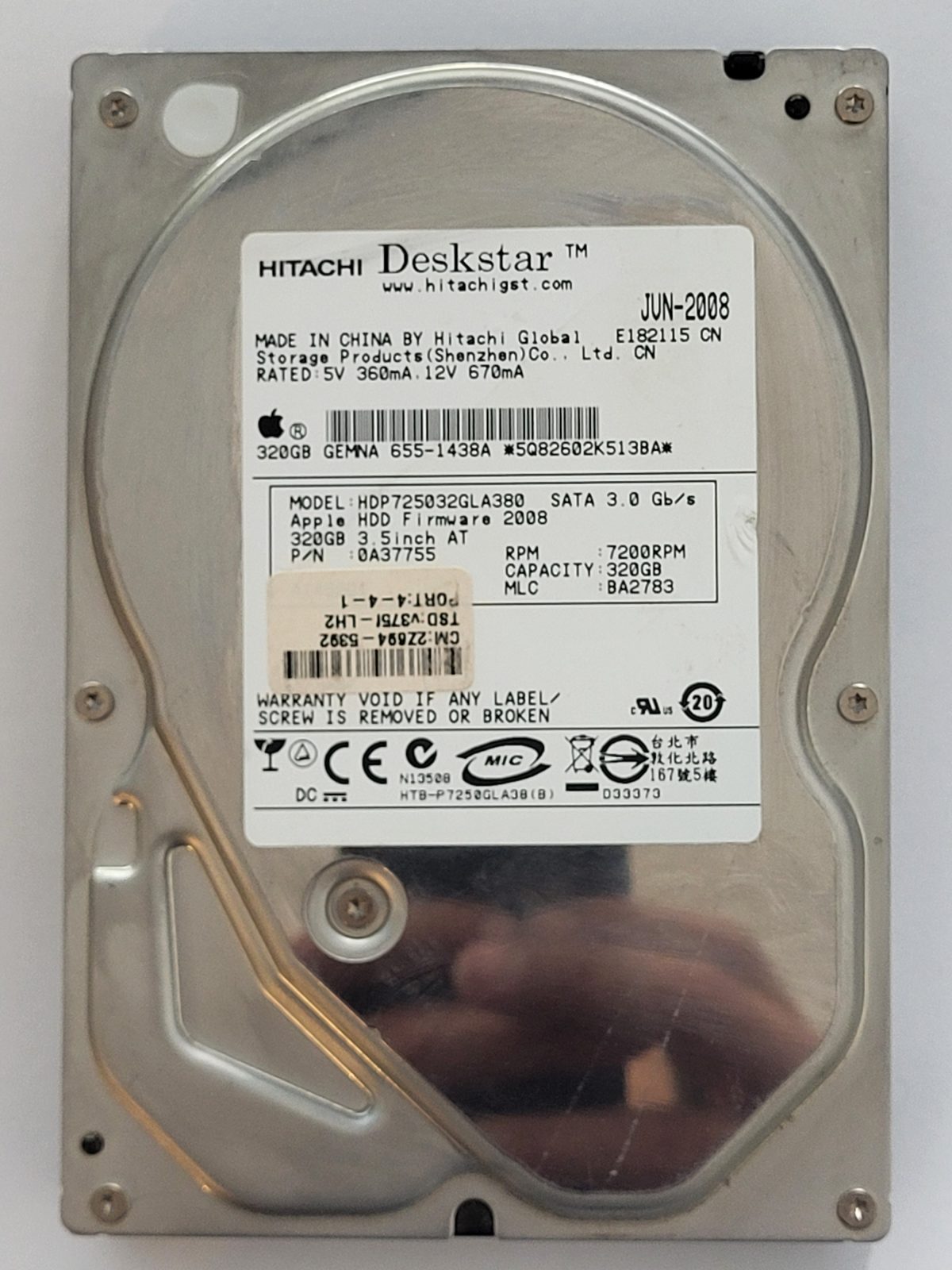 HDP725032GLA380, PN: 0A37755, MLC: BA2783, JUN 2008, Hitachi 320Gb 3.5" HDD STK