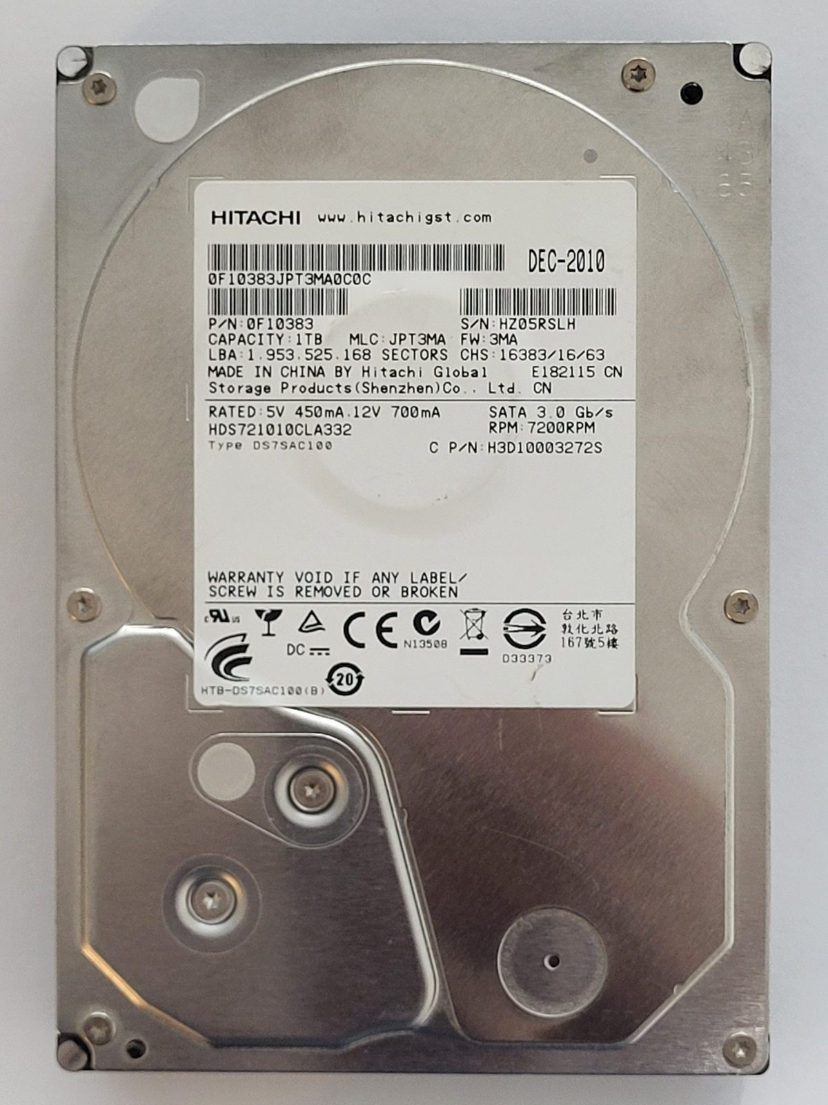 HDS721010CLA332, PN: 0F10383, MLC: JPT3MA, DEC 2010, Hitachi 1Tb 3.5" HDD STK