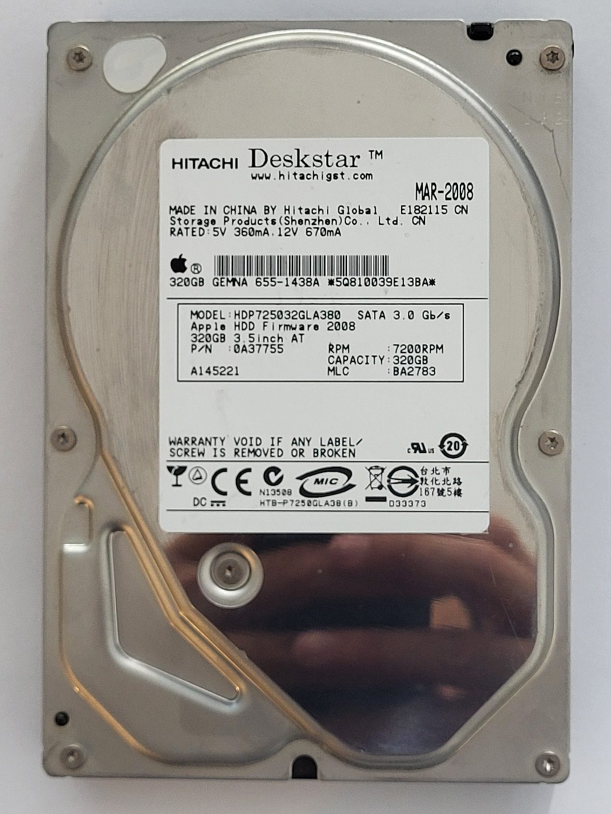 HDP725032GLA380, PN: 0A37755, MLC: BA2783, MAR 2008, Hitachi 320Gb 3.5" HDD STK