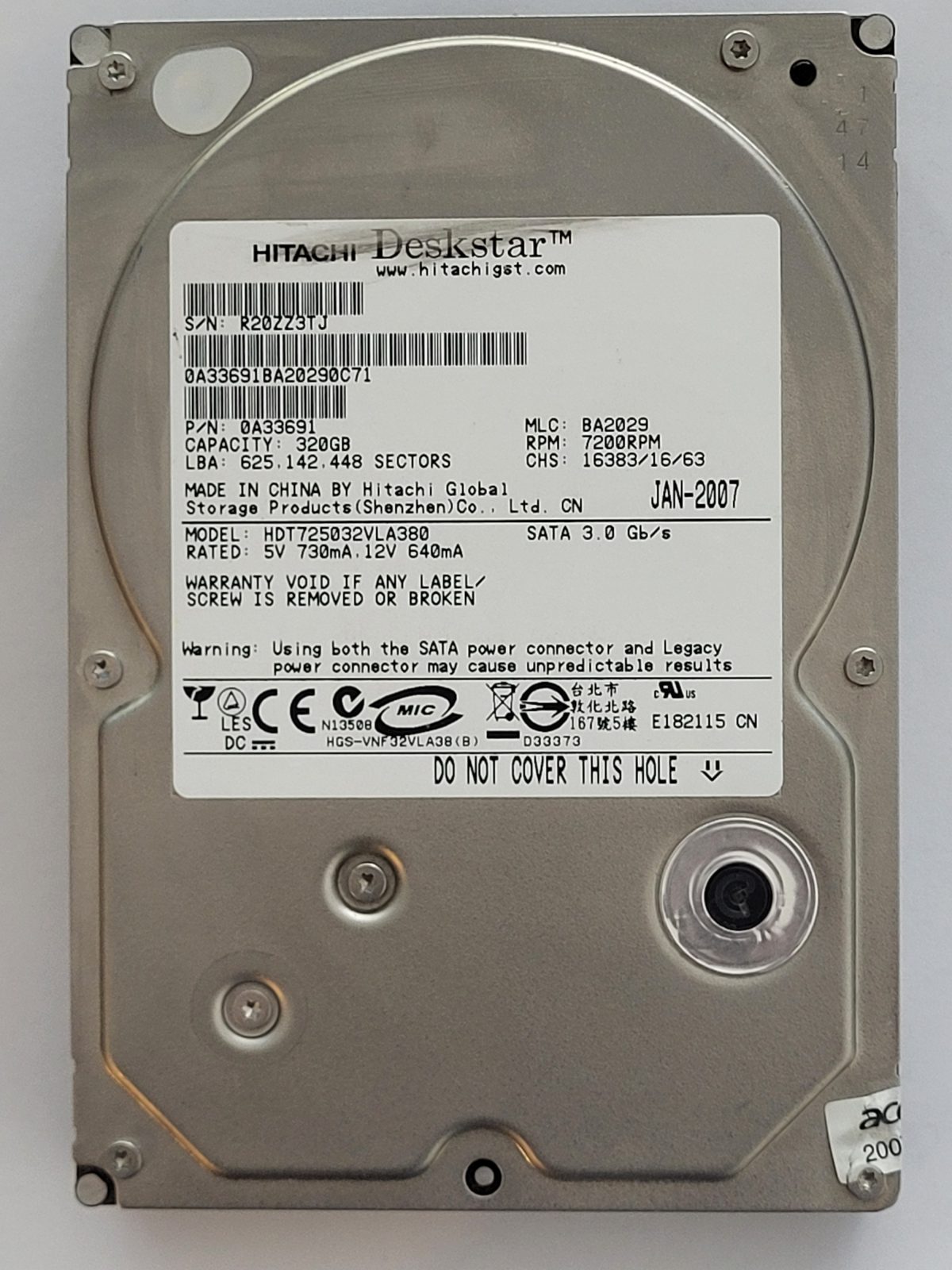 HDT725032VLA380, PN: 0A33691, MLC: BA2029, JAN 2007, Hitachi 320Gb 3.5" HDD STK