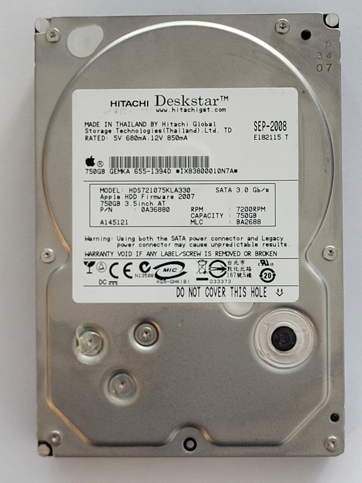 HDS721075KLA360, PN: 0A36880, MLC: BA2688, SEP 2008, Hitachi 750Gb 3.5" HDD STK