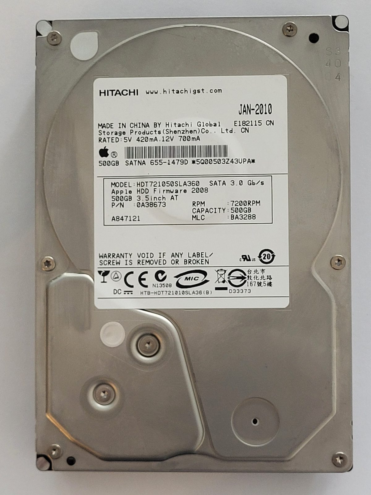 HDT721050SLA360, PN: 0A38673, MLC: BA3288, JAN 2010, Hitachi 500Gb 3.5" HDD STK