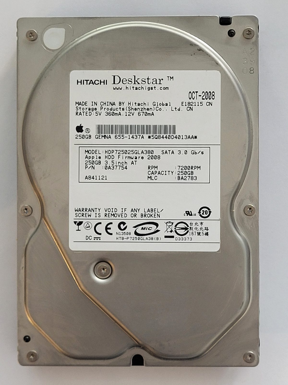 HDP725025GLA380, PN: 0A37754, MLC: BA2783, OCT 2008, Hitachi 250Gb 3.5" HDD STK