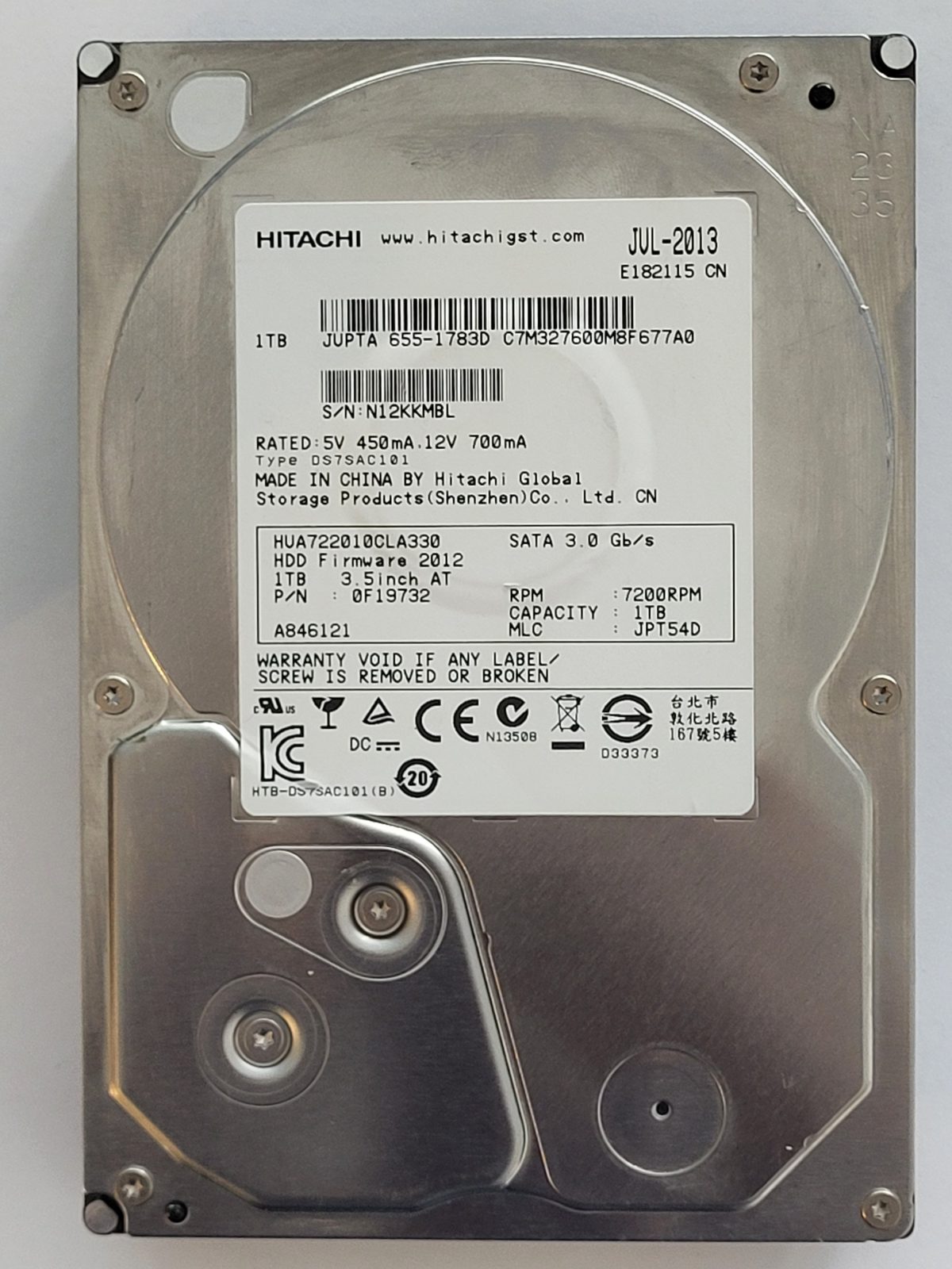 HUA722010CLA330, PN: 0F19732, MLC: JPT54D, JUL 2013, Hitachi 1Tb 3.5" HDD STK