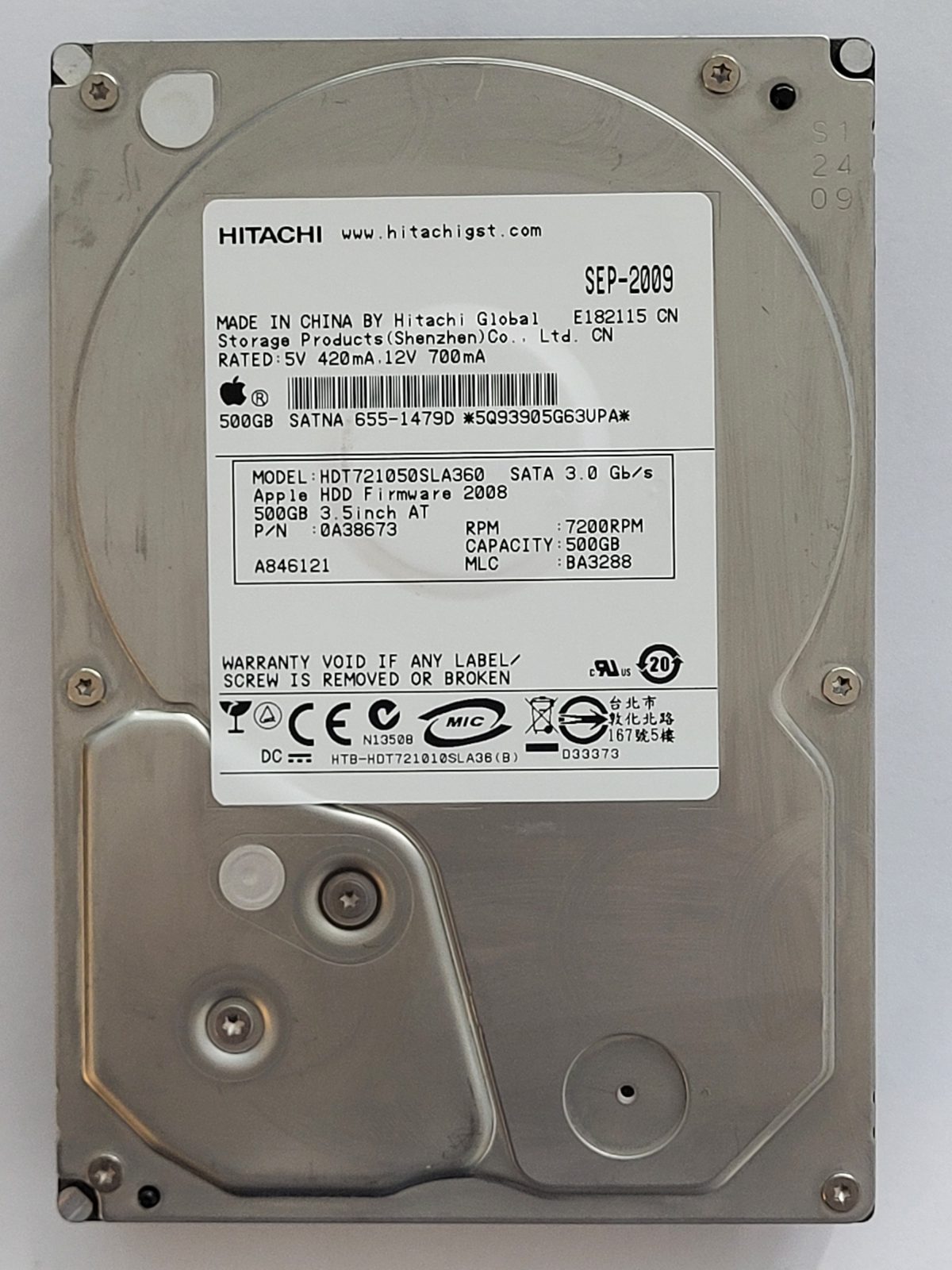 HDT721050SLA360, PN: 0A38673, MLC: BA3288, SEP 2009, Hitachi 500Gb 3.5" HDD STK