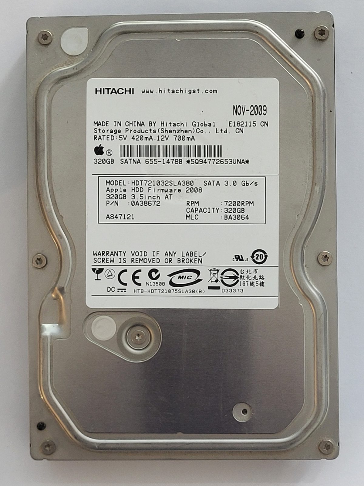 HDT721032SLA380, PN: 0A28672, MLC: BA3064, NOV 2009, Hitachi 320Gb 3.5" HDD STK