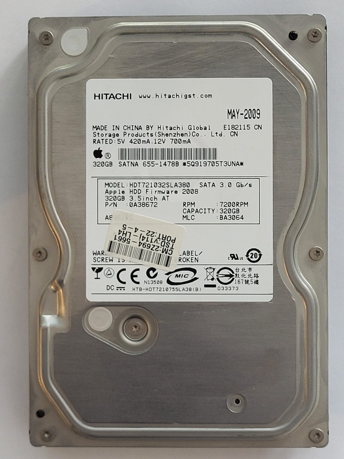 HDT721032SLA380, PN: 0A38672, MLC: BA3064, MAY 2009, Hitachi 320Gb 3.5" HDD STK