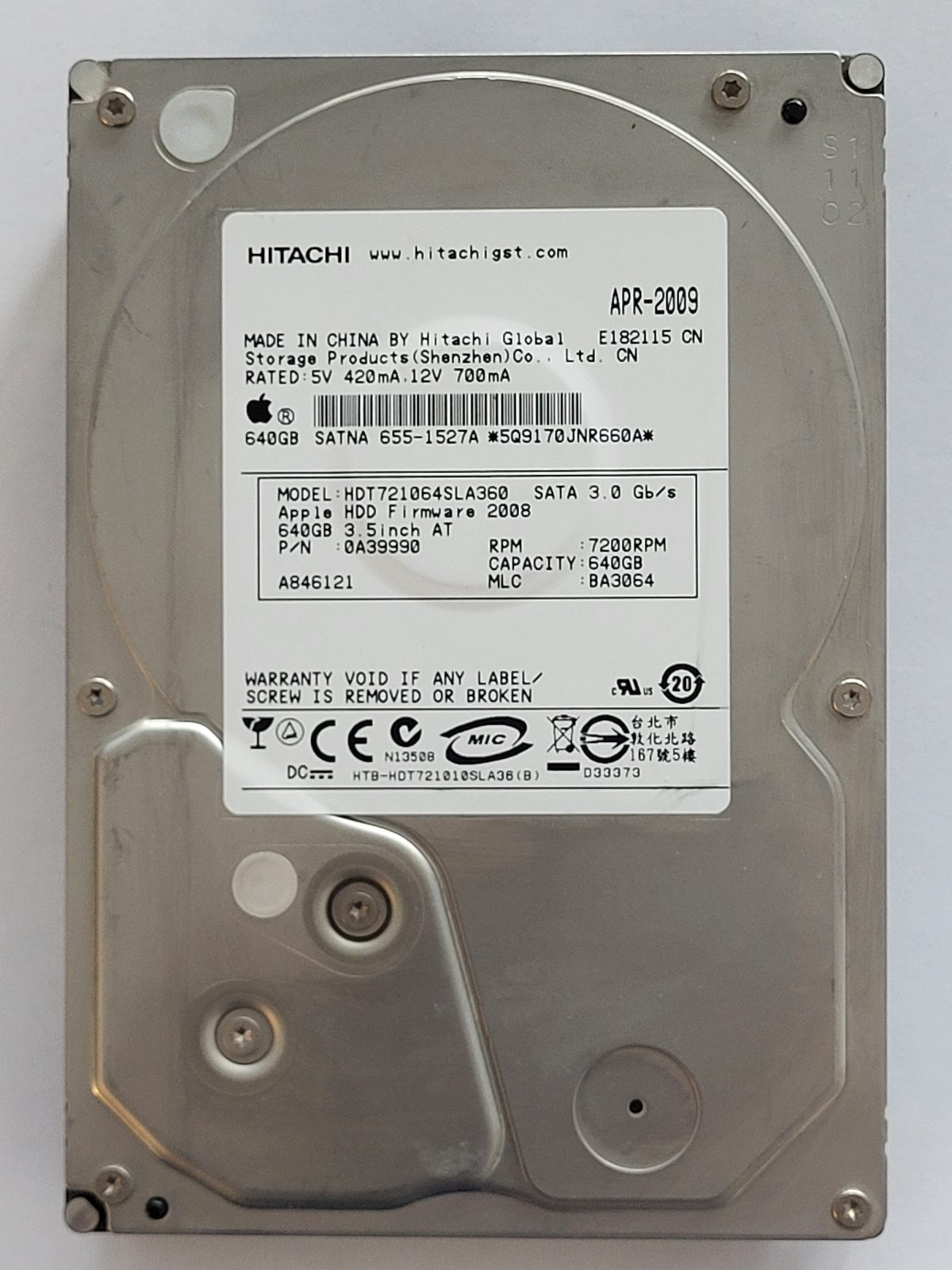 HDT721064SLA360, PN: 0A39990, MLC: BA3064, APR 2009, Hitachi 640Gb 3.5" HDD STK