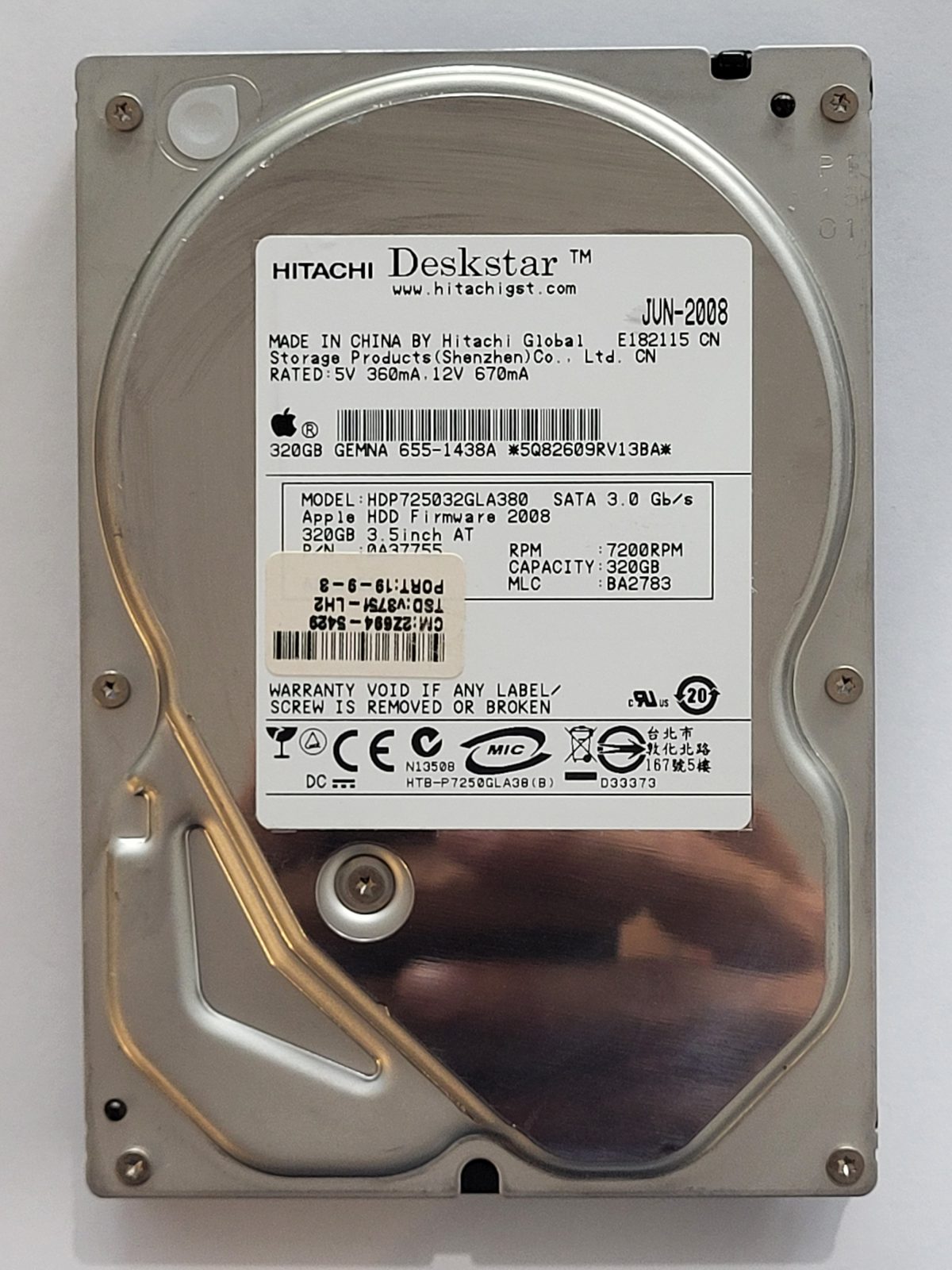 HDP725032GLA380, PN: 0A37755, MLC: BA2783, JUN 2008, Hitachi 320Gb 3.5" HDD STK