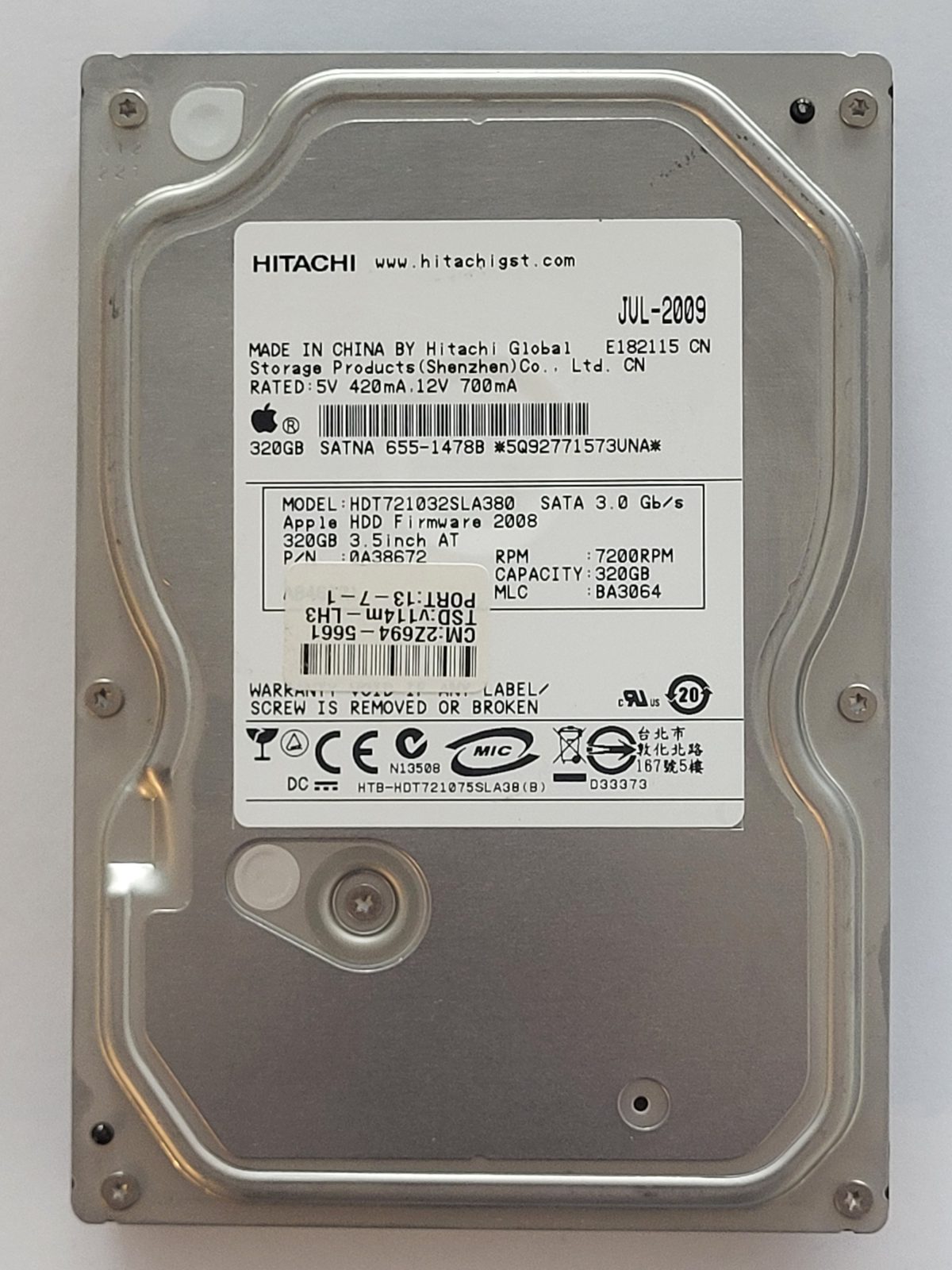 HDT721032SLA380, PN: 0A38672, MLC: BA3064, JUL 2009, Hitachi 320Gb 3.5" HDD STK