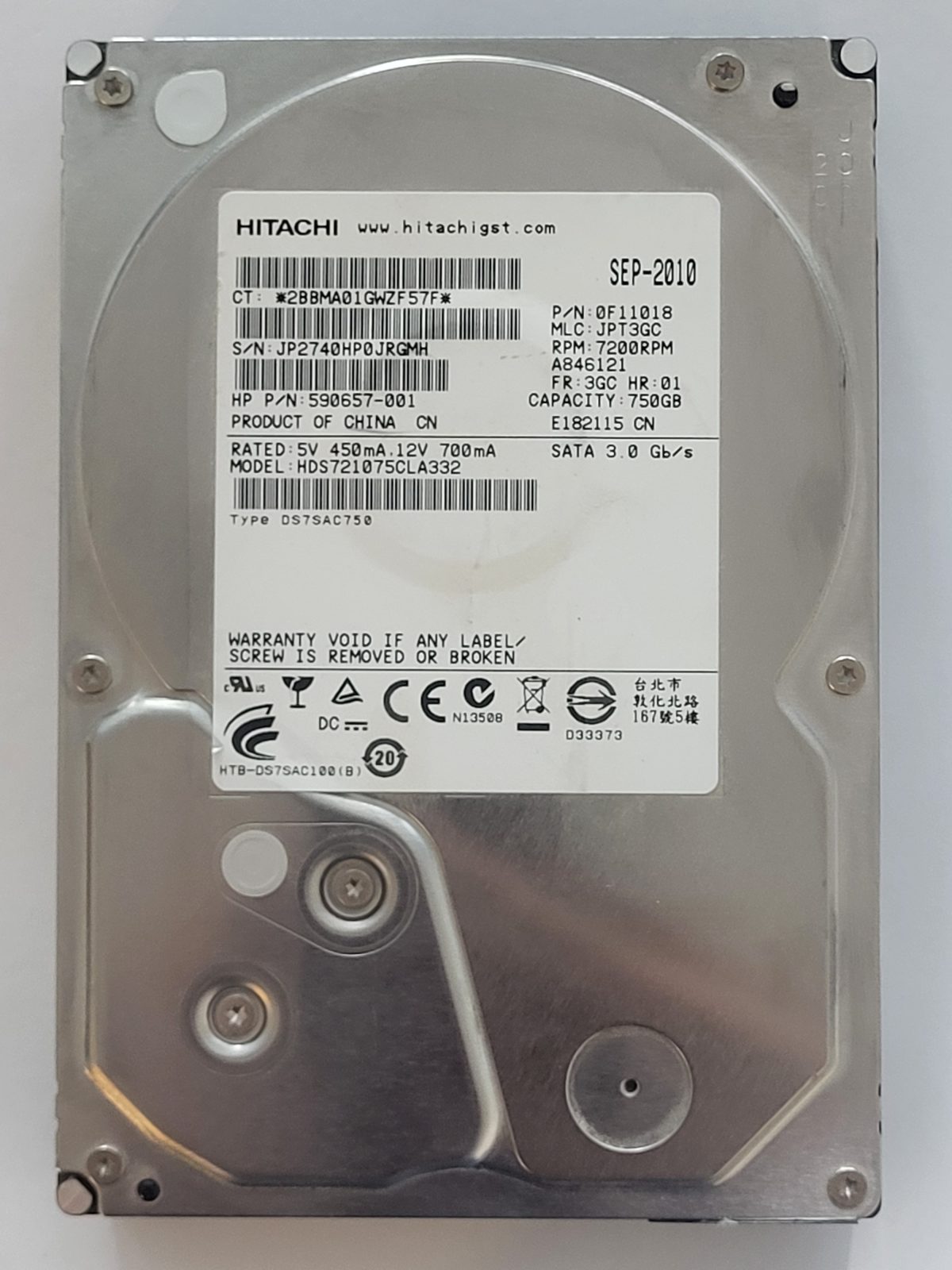 HDS721075CLA332, PN: 0F11018, MLC: JPT3GC, SEP 2010, Hitachi 750Gb 3.5" HDD STK