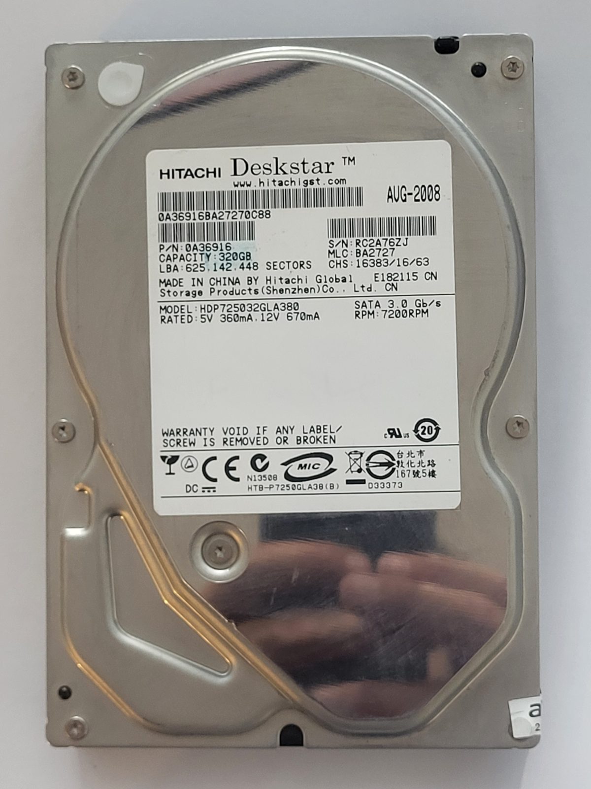 HDP725032GLA380, PN: 0A36916, MLC: BA2727, AUG 2008, Hitachi 320Gb 3.5" HDD STK