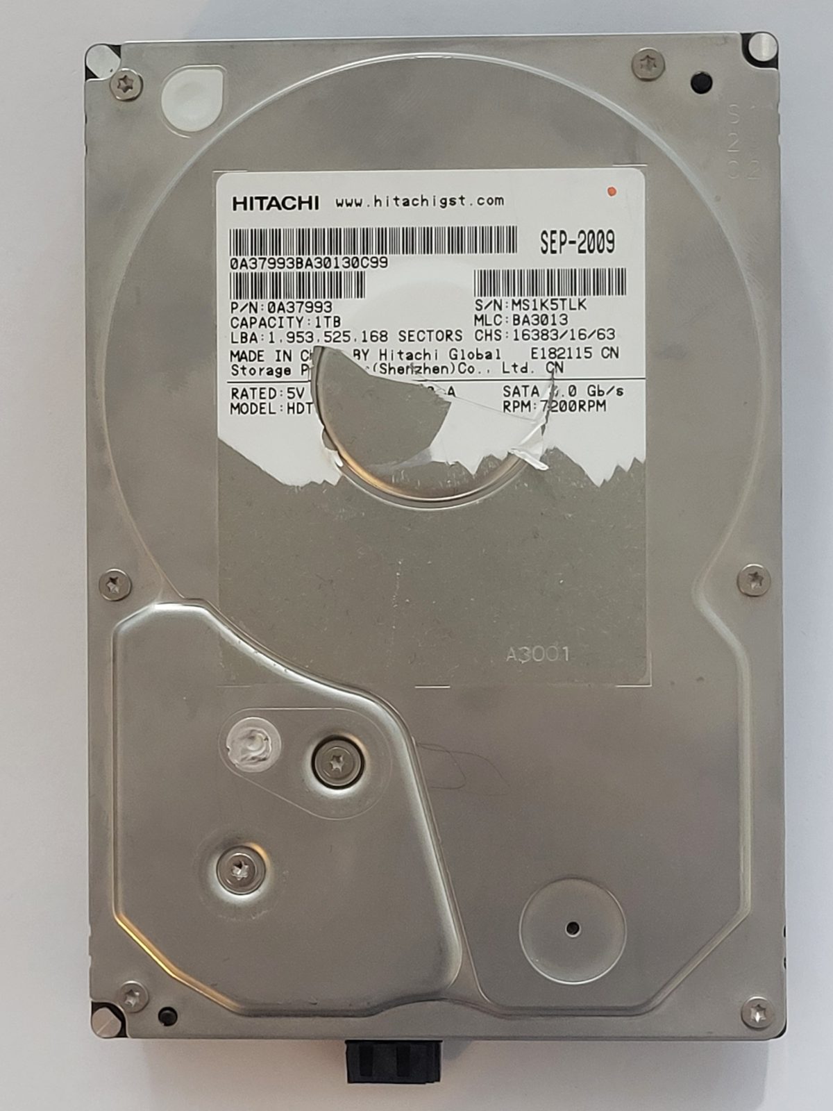 HDT721010SLA360, PN: 0A37993, MLC: BA3013, SEP 2009, Hitachi 1Tb 3.5" HDD STK