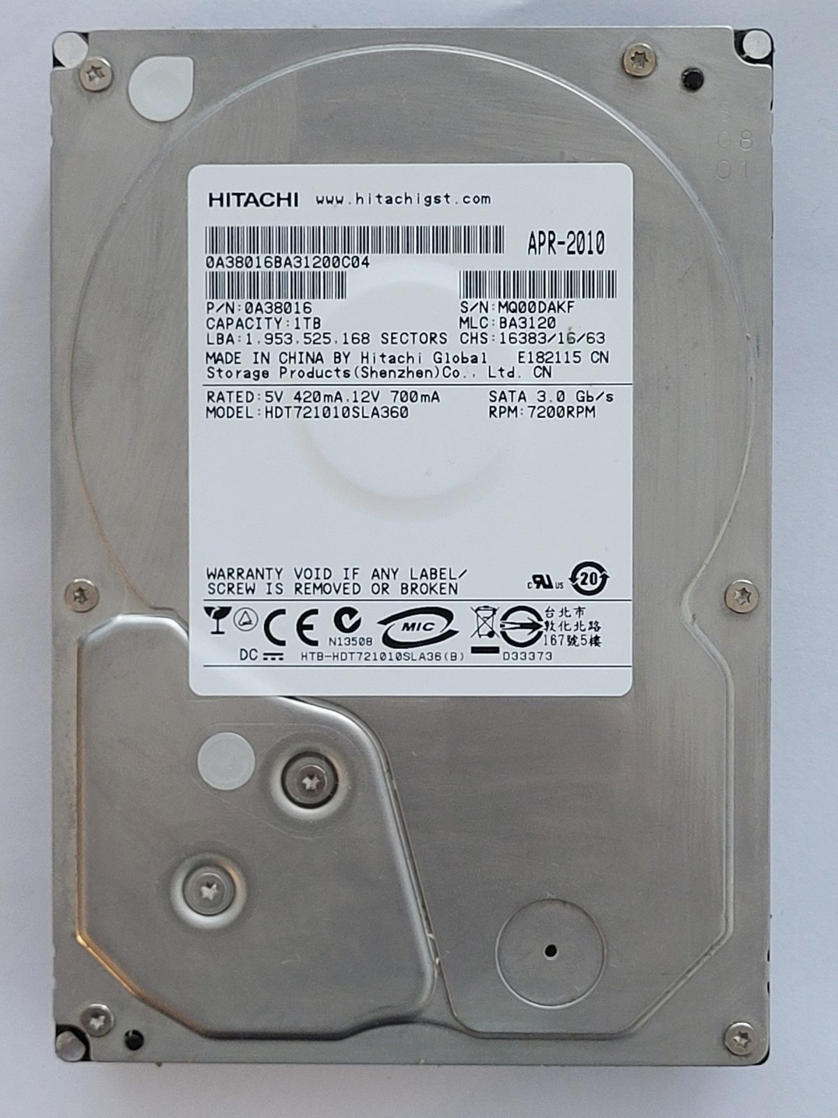 HDT721010SLA360, PN: 0A38016, MLC: BA3120, APR 2010, Hitachi 1Tb 3.5" HDD STK
