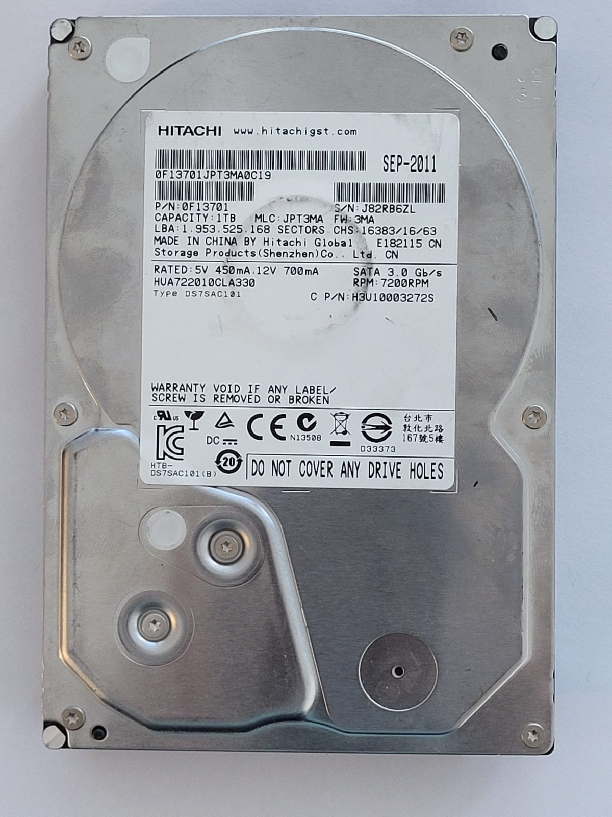 HUA722010CLA330, PN: 0F13701, MLC: JPT3MA, SEP 2011, Hitachi 1Tb 3.5" HDD STK