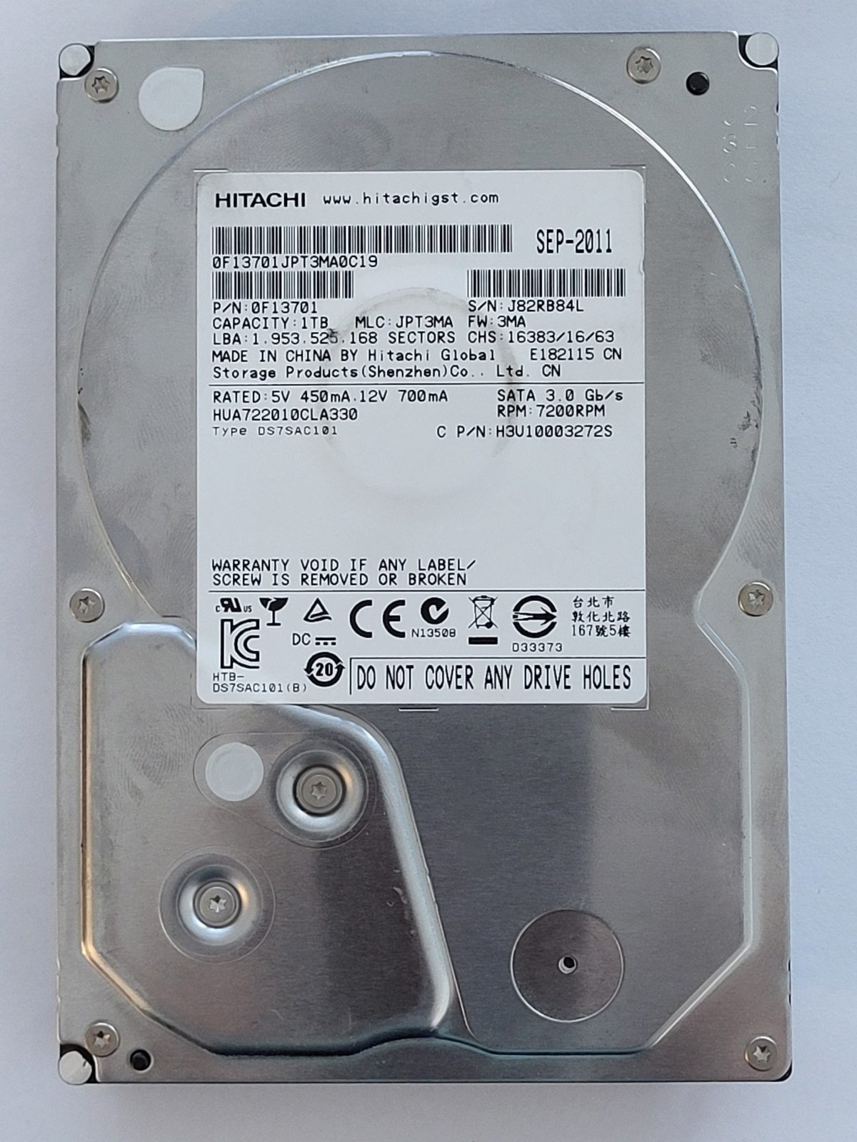 HUA722010CLA330, PN: 0F13701, MLC: JPT3MA, SEP 2011, Hitachi 1Tb 3.5" HDD STK