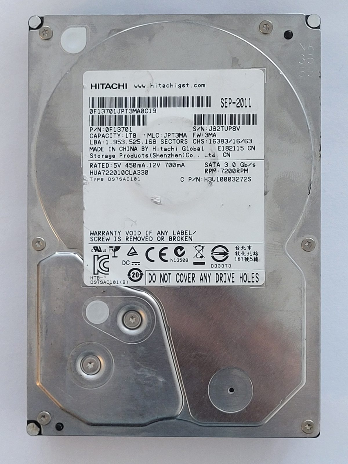 HUA722010CLA330, PN: 0F13701, MLC: JPT3MA, SEP 2011, Hitachi 1Tb 3.5" HDD STK