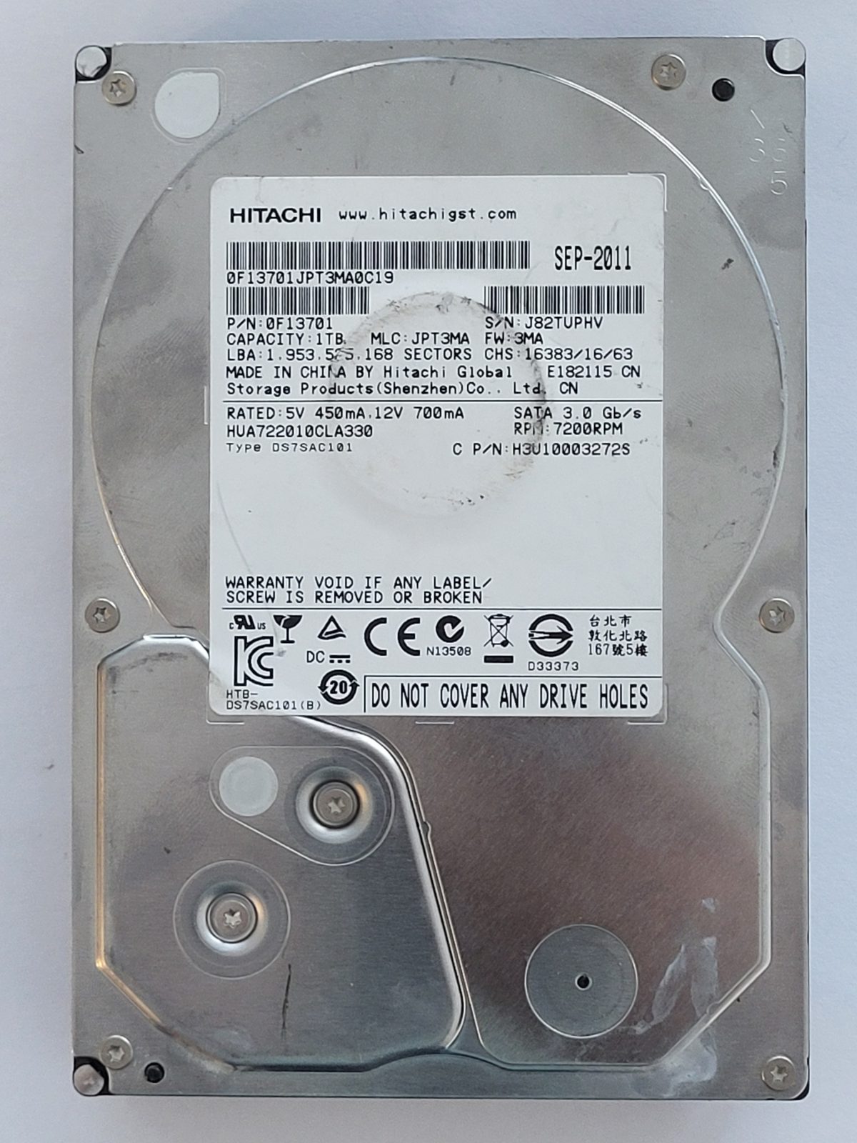 HUA722010CLA330, PN: 0F13701, MLC: JPT3MA, SEP 2011, Hitachi 1Tb 3.5" HDD STK