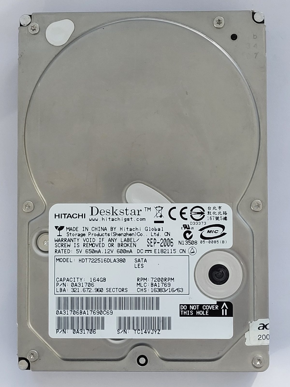 HDT722516DLA380, PN: 0A31706, MLC: BA1769, SEP 2006, Hitachi 164Gb 3.5" HDD STK