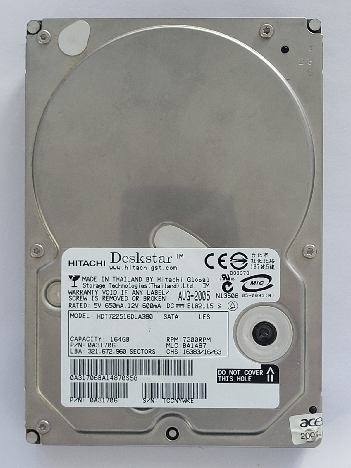 HDT722516DLA380, PN: 0A31706, MLC: BA1487, AUG 2005, Hitachi 164Gb 3.5" HDD STK