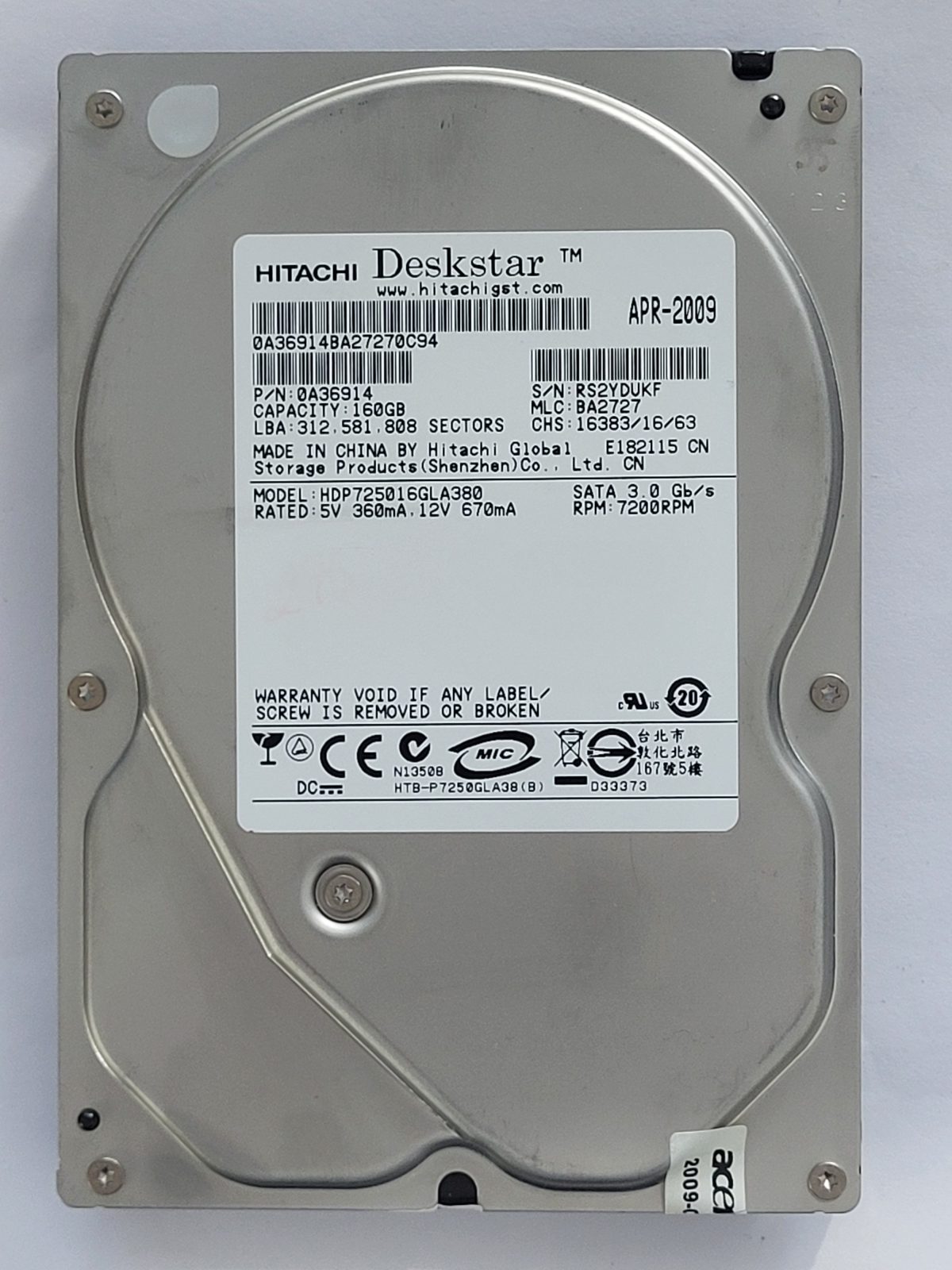 HDP725016GLA380, PN: 0A36914, MLC: BA2727, APR 2009, Hitachi 160Gb 3.5" HDD STK