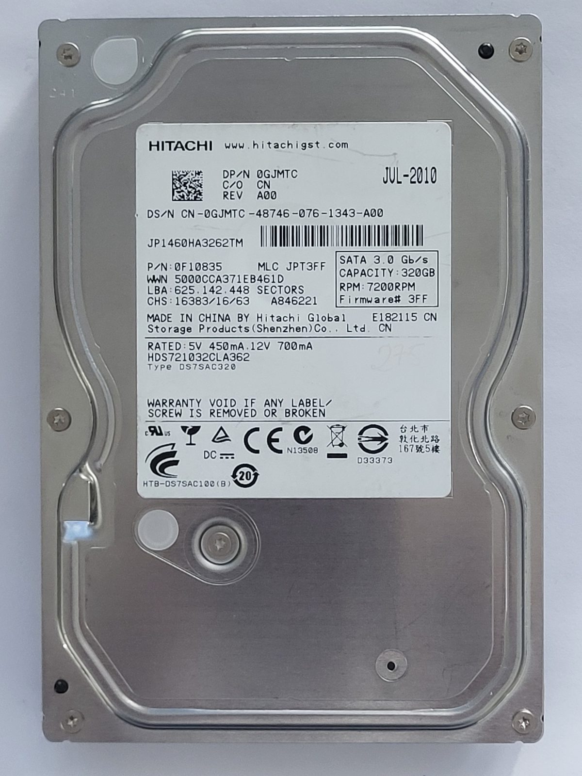 HDS721032CLA362, PN: 0F10835, MLC: JPT3FF, JUL 2010, Hitachi 320Gb 3.5" HDD STK