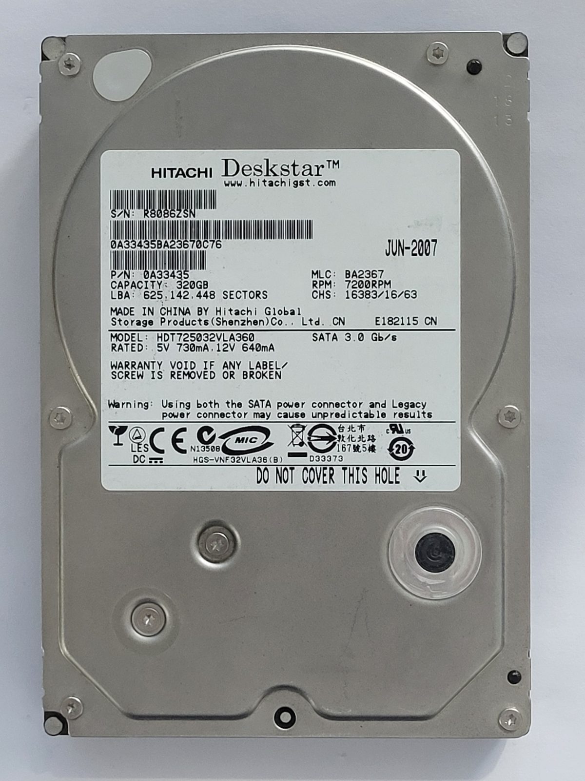 HDT725032VLA360, PN: 0A33435, MLC: BA2367, JUN 2007, Hitachi 320Gb 3.5" HDD STK