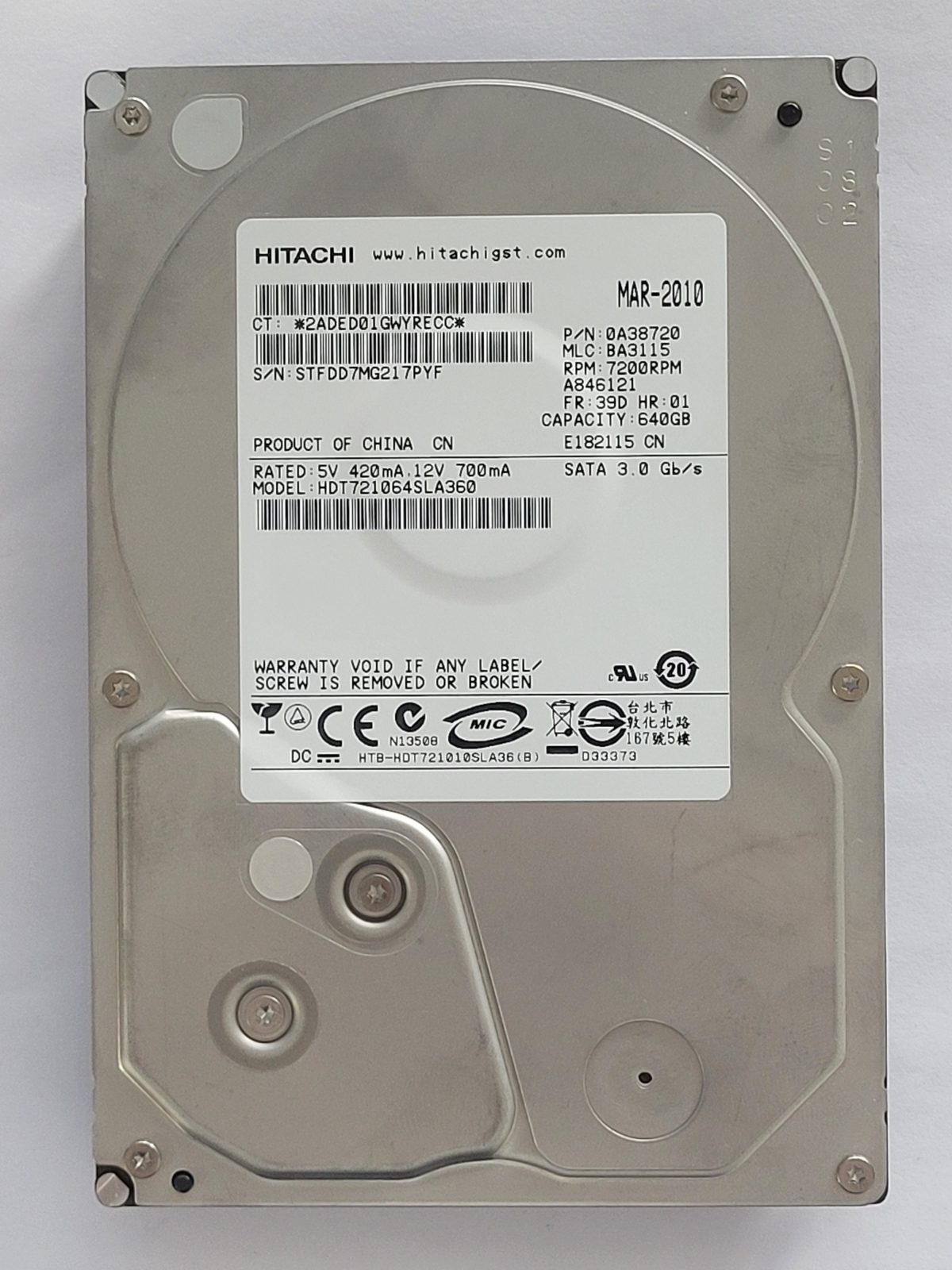 HDT721064SLA360, PN: 0A38720, MLC: BA3115, MAR 2010, Hitachi 640Gb 3.5" HDD STK