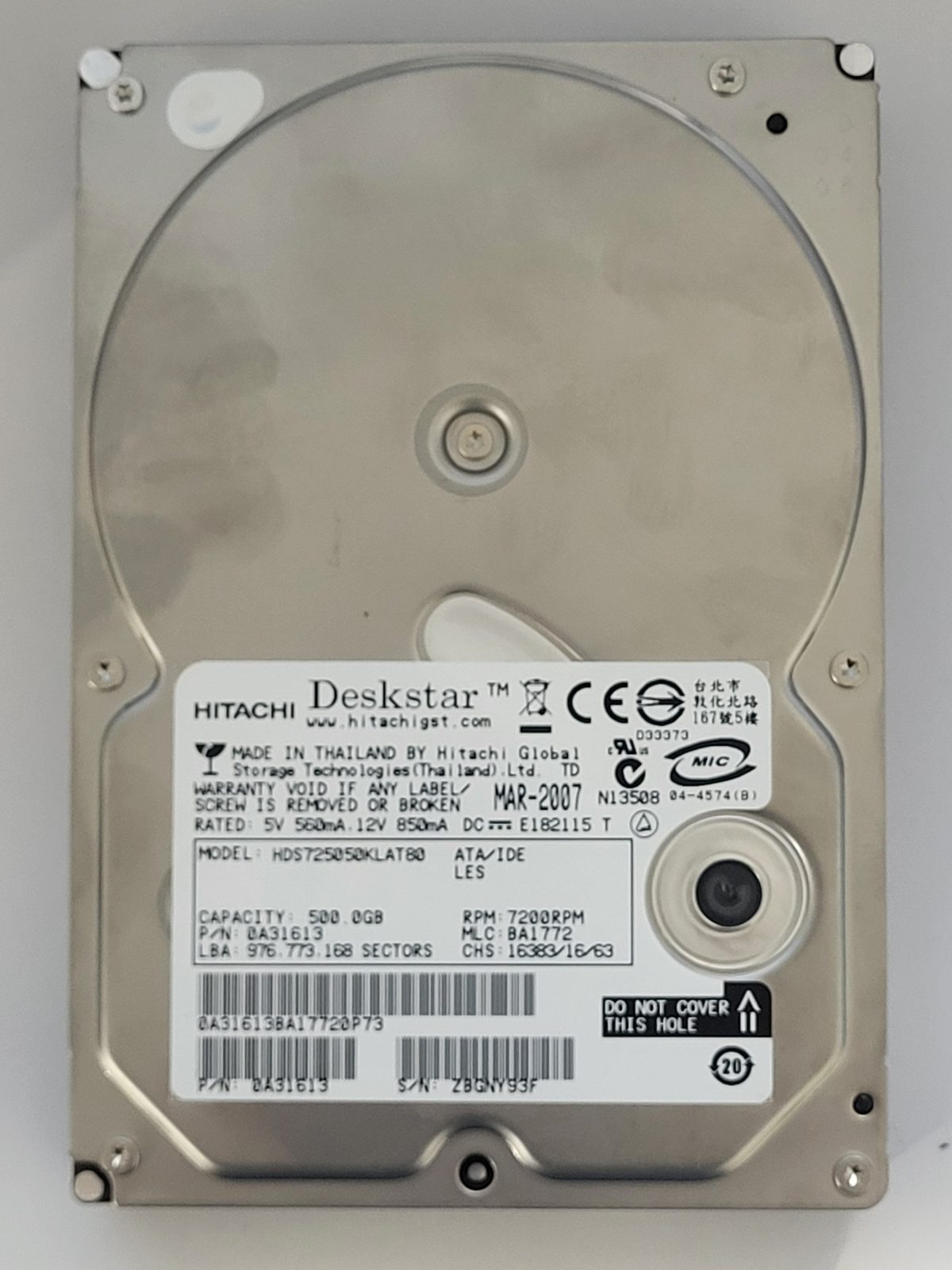 HDS725050KLAT80, PN: 0A31613, MLC: BA1772, MAR 2007, Hitachi 500Gb 3.5" HDD STK
