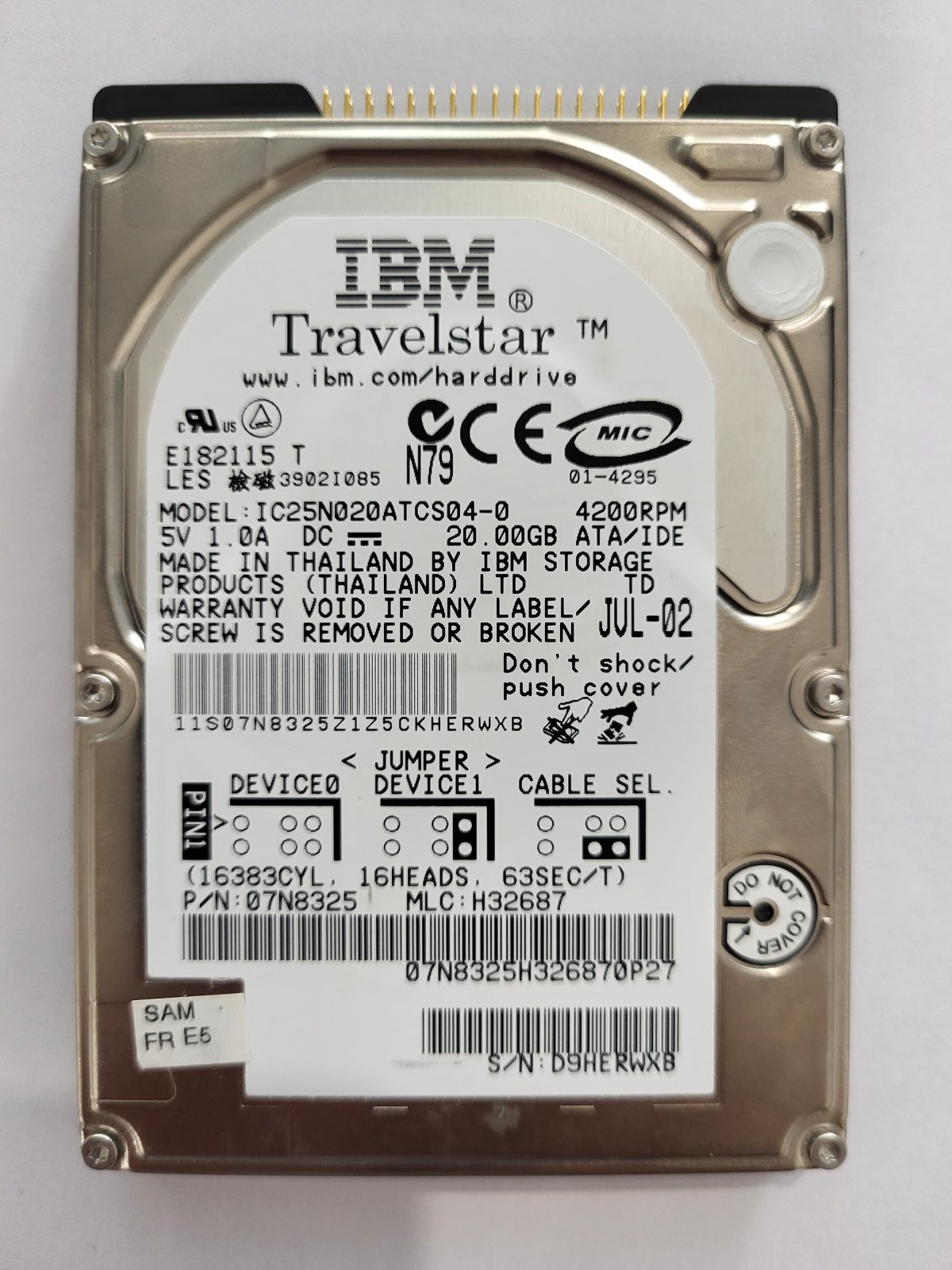 IC25N020ATCS04-0, PN: 07N8325, MLC: H32687, JUL 02, IBM 20Gb 2.5" HDD STK