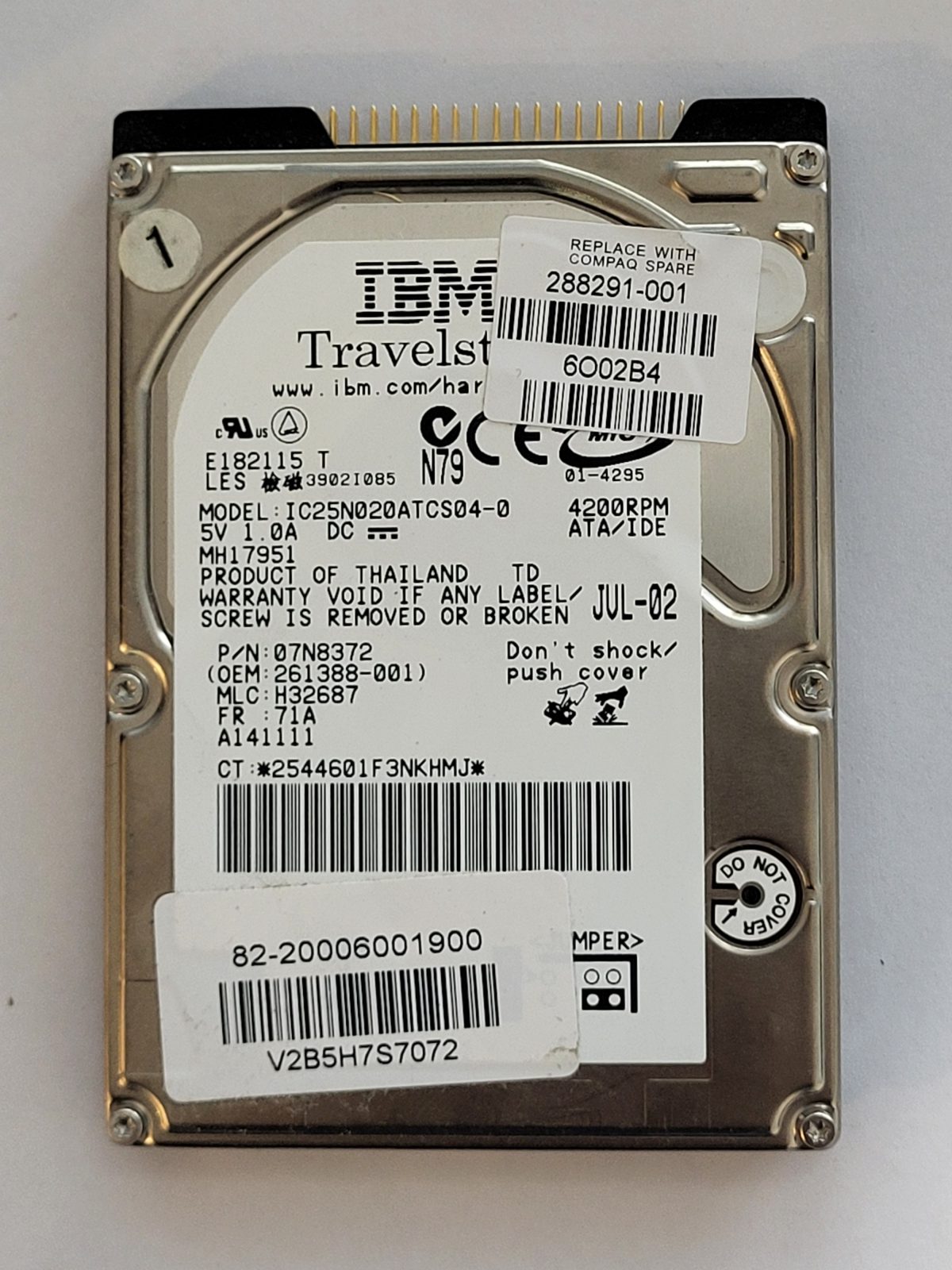 IC25N020ATCS04-0, PN: 07N8372, MLC: H32687, JUL 02, IBM 20Gb 2.5" HDD STK