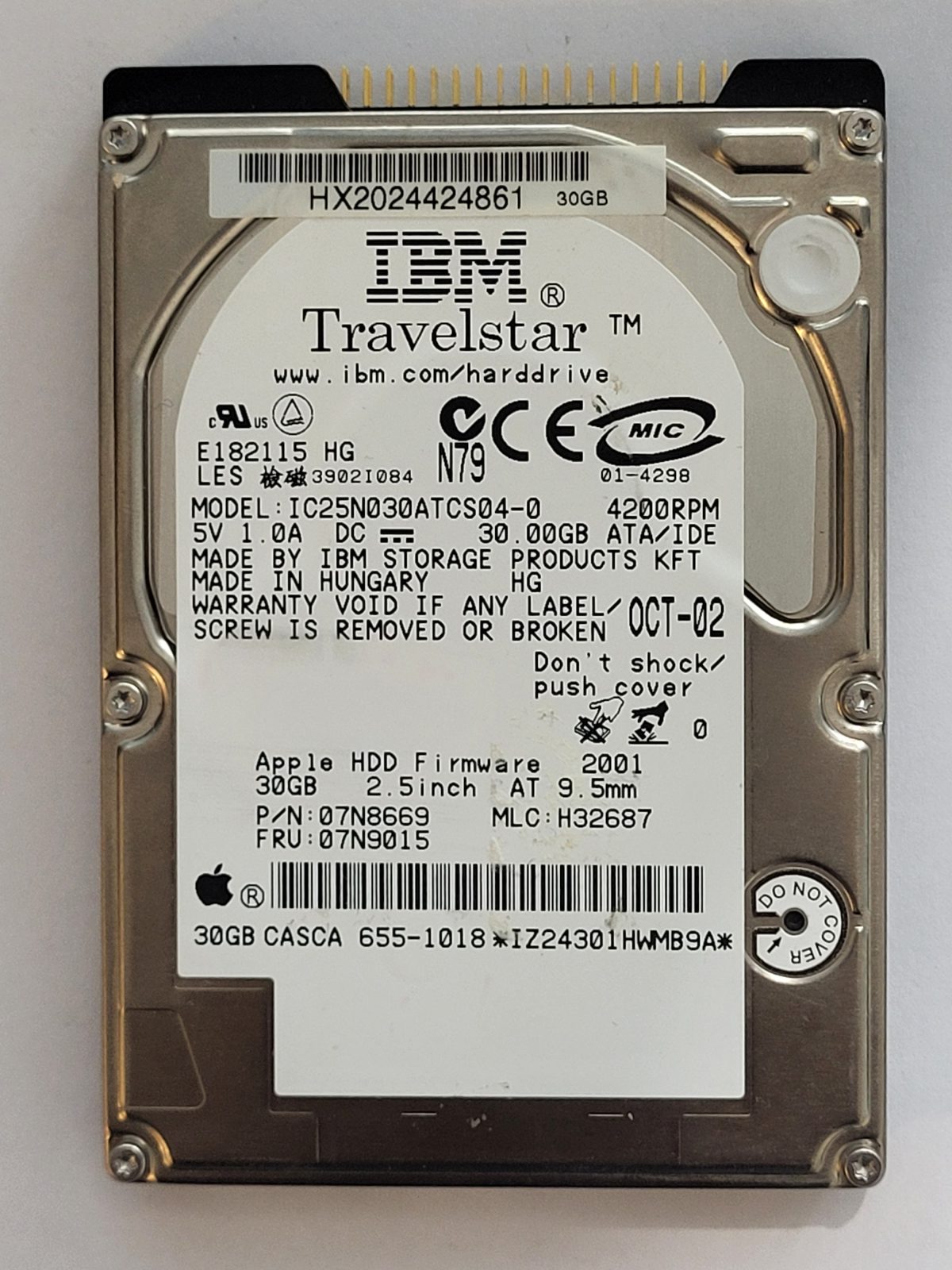 IC25N030ATCS04-0, PN: 07N8669, MLC: H32687, OCT 02, IBM 30Gb 2.5" HDD STK
