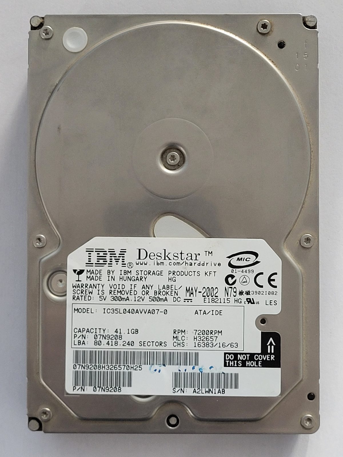 IC35L040AVVA07-0, PN: 07N9208, MLC: H32657, MAY 2002, IBM 41Gb 3.5" HDD STK