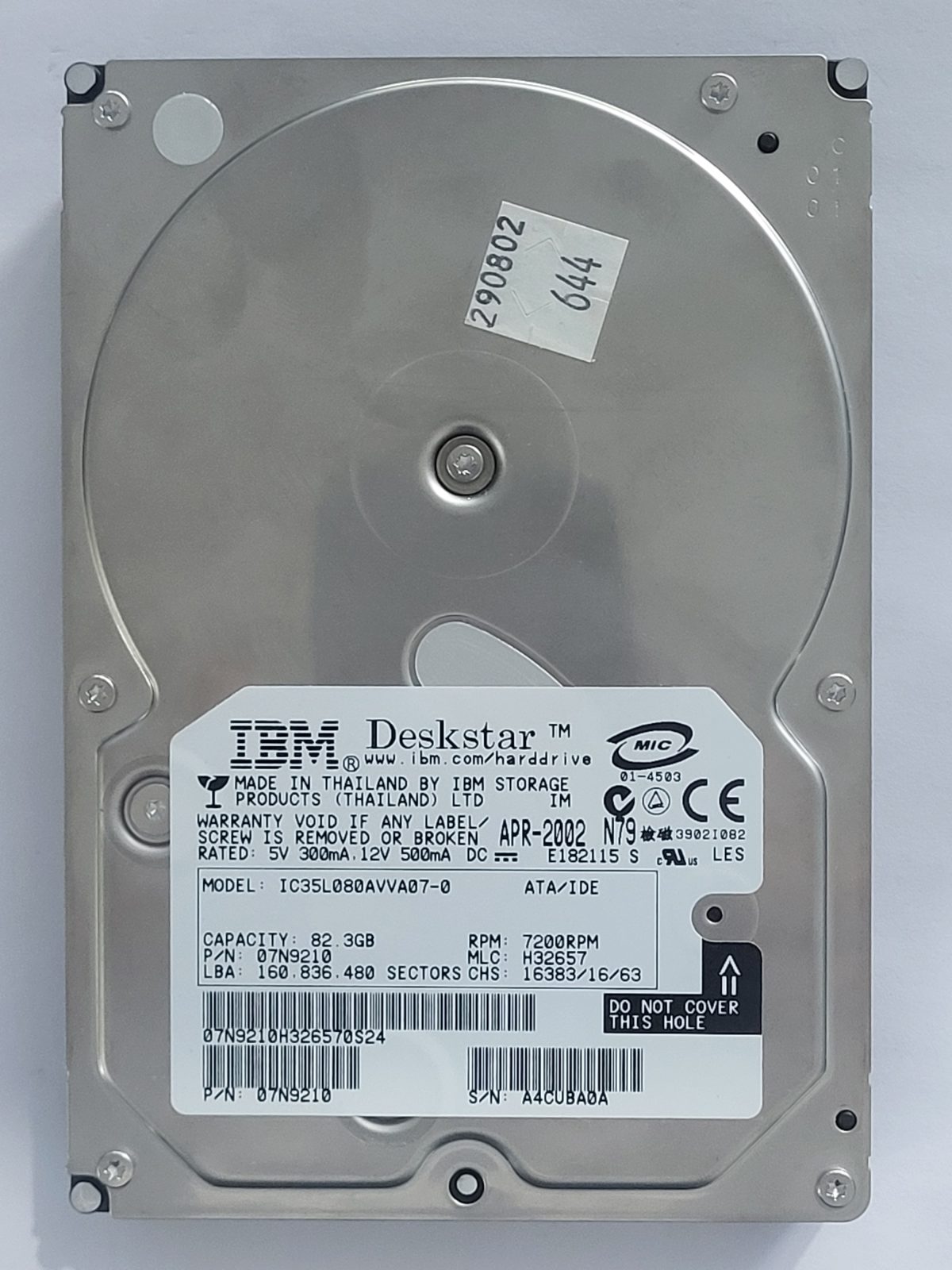 IC35L080AVVA07-0, PN: 07N9210, MLC: H32657, APR 2002, IBM 82Gb 3.5" HDD STK