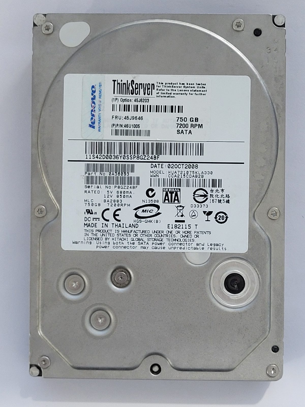 HUA721075KLA330, PN: 0A36093, MLC: BA2883, 02 OCT 2008, IBM 750Gb 3.5" HDD STK