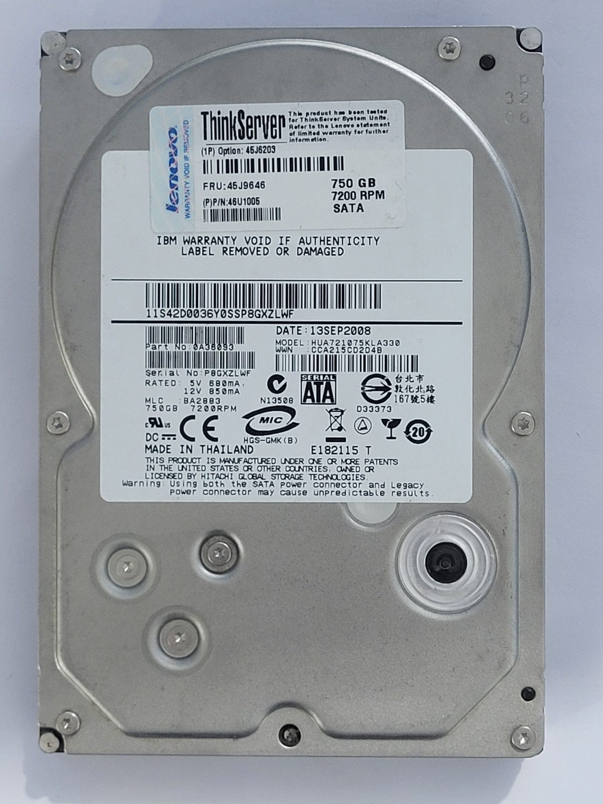 HUA721075KLA330, PN: 0A36093, MLC: BA2883, 13 SEP 2008, IBM 750Gb 3.5" HDD STK