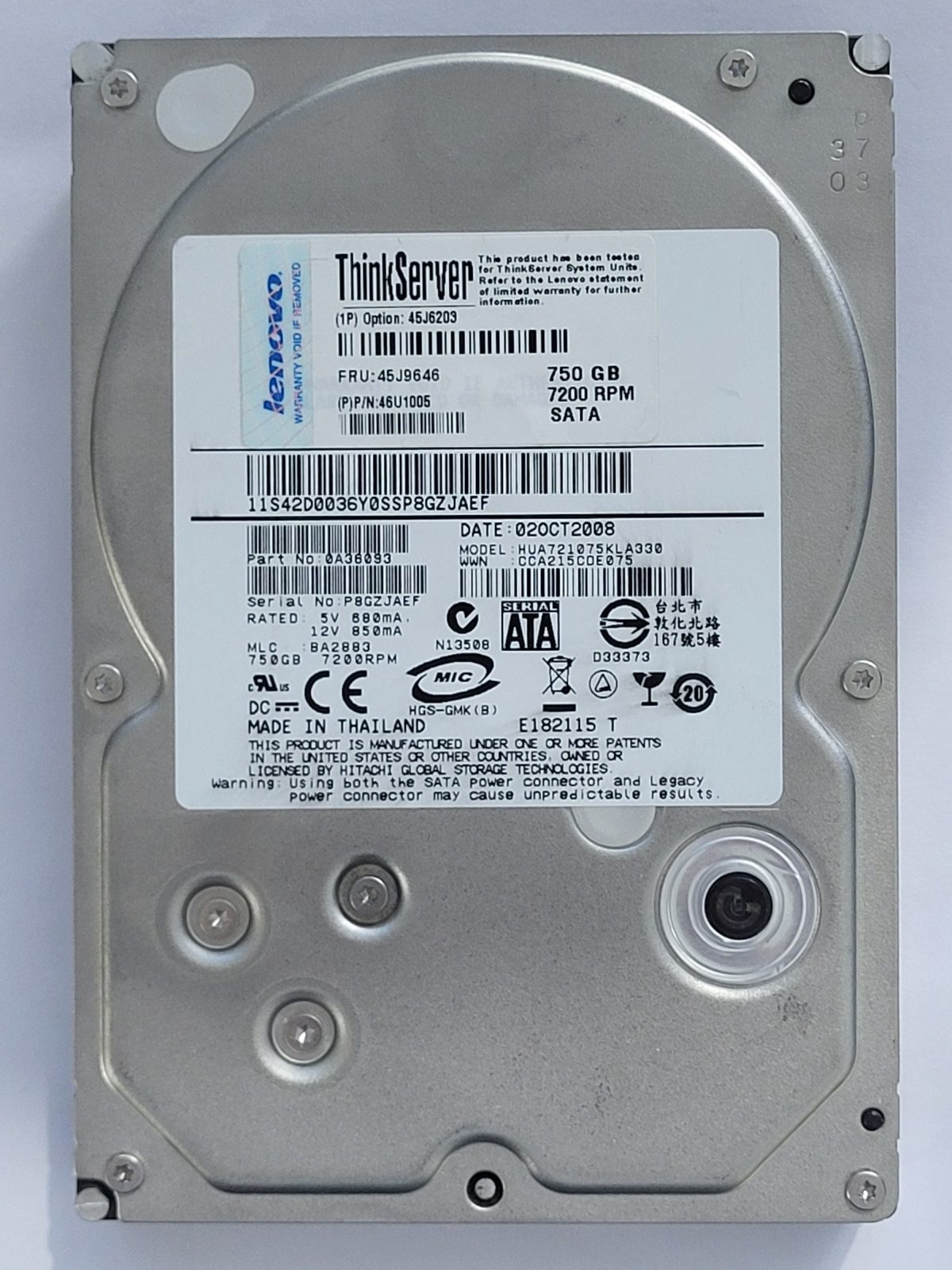 HUA721075KLA330, PN: 0A36093, MLC: BA2883, 02 OCT 2008, IBM 750Gb 3.5" HDD STK