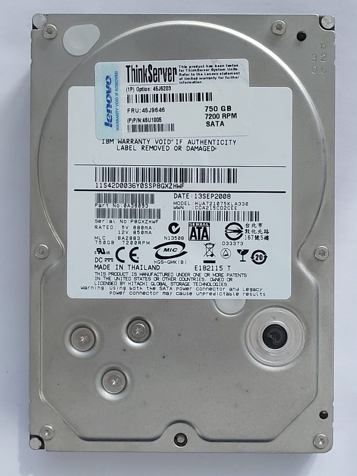 HUA721075KLA330, PN: 0A36093, MLC: BA2883, 13 SEP 2008, IBM 750Gb 3.5" HDD STK