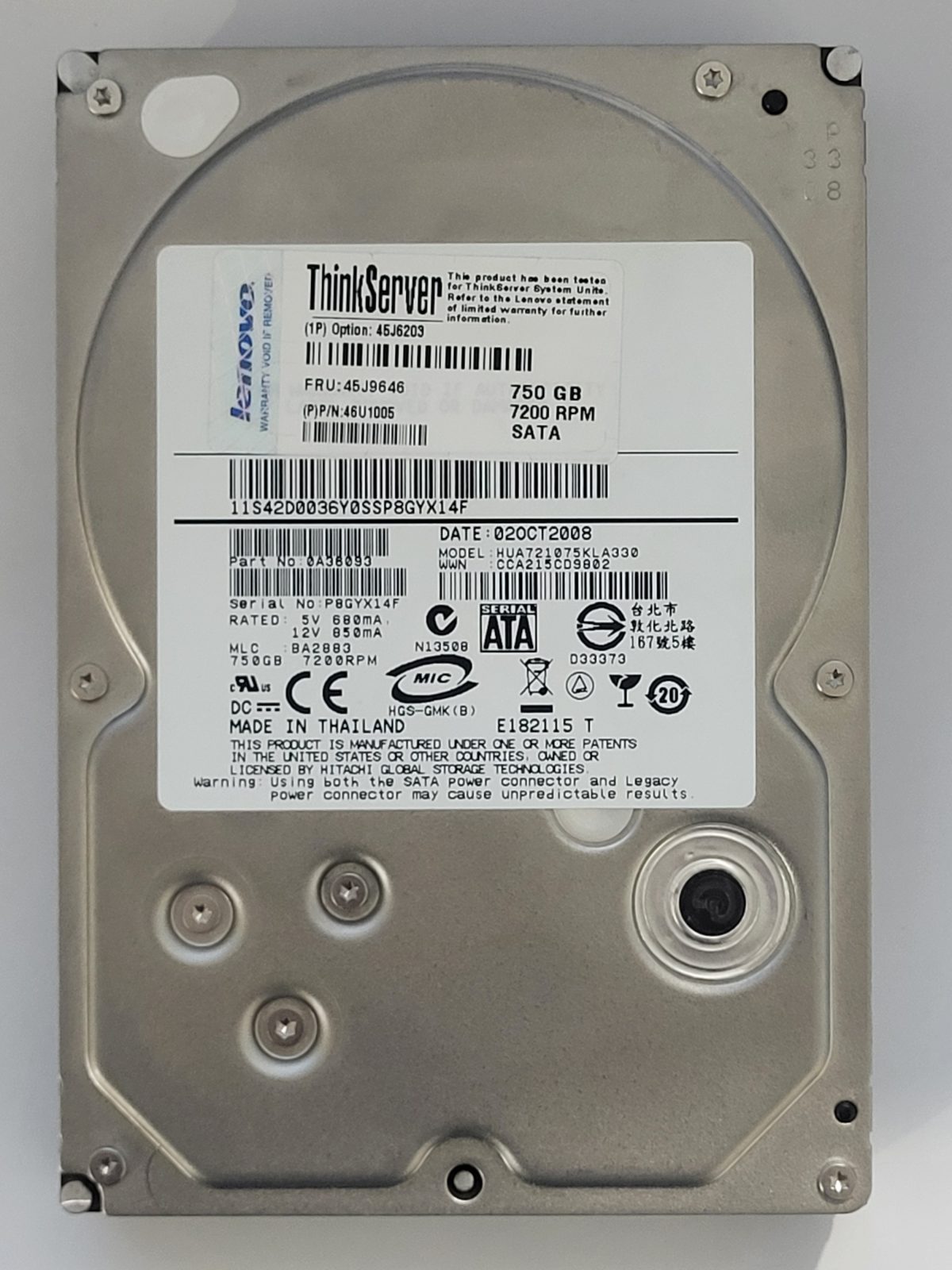 HUA721075KLA330, PN: 0A36093, MLC: BA2883, 02 OCT 2008, IBM 750Gb 3.5" HDD STK