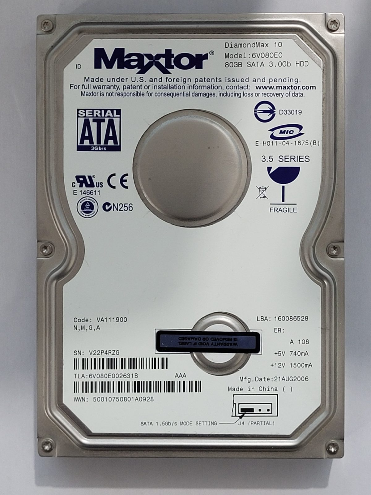 6V080E0, TLA: 6V080E002631B, 21 AUG 2006, Maxtor 82Gb 3.5" HDD STK