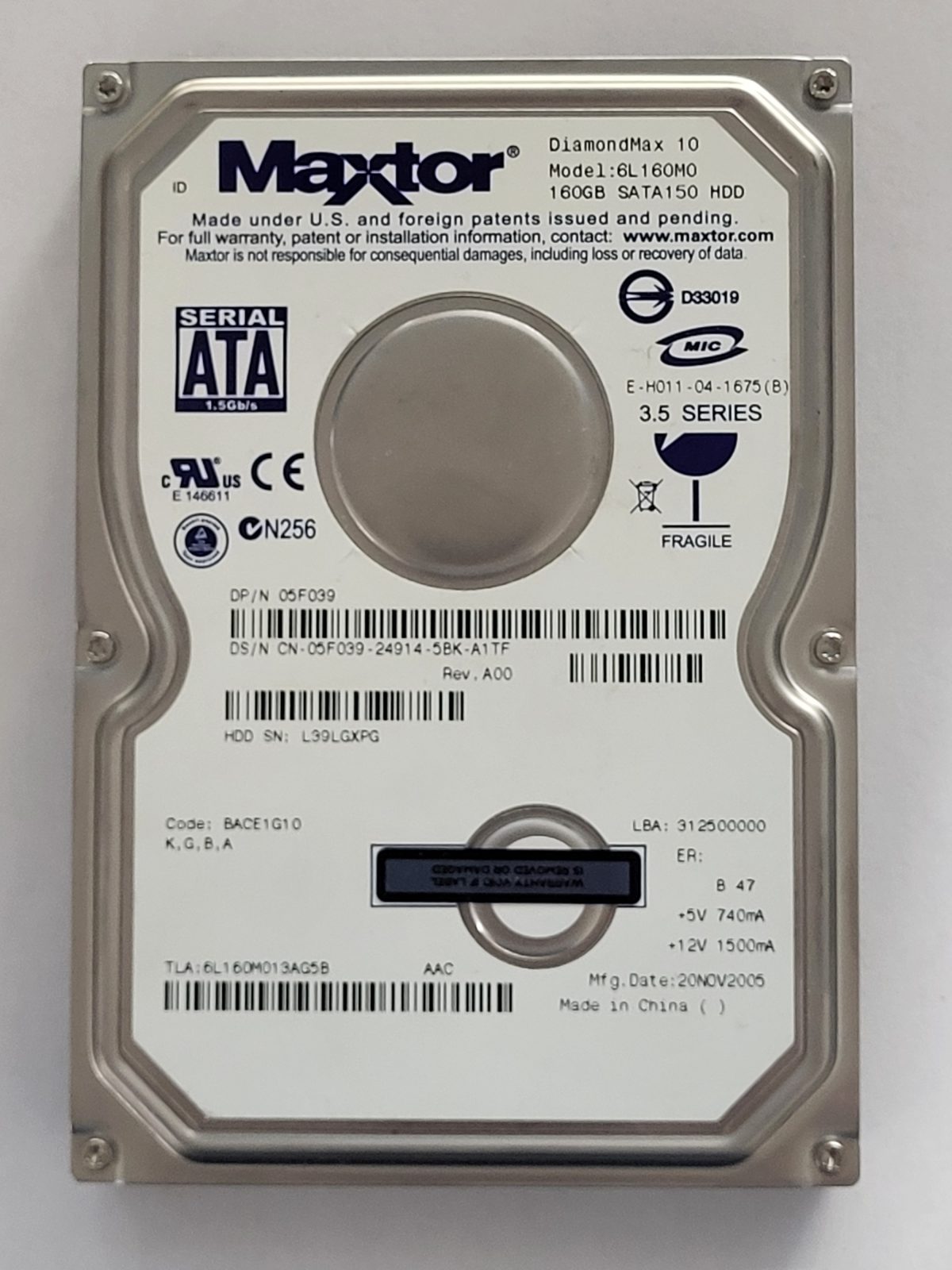 6L160M0, TLA: 6L160M013AG5B, 20 NOV 2005, Maxtor 160Gb 3.5" HDD STK