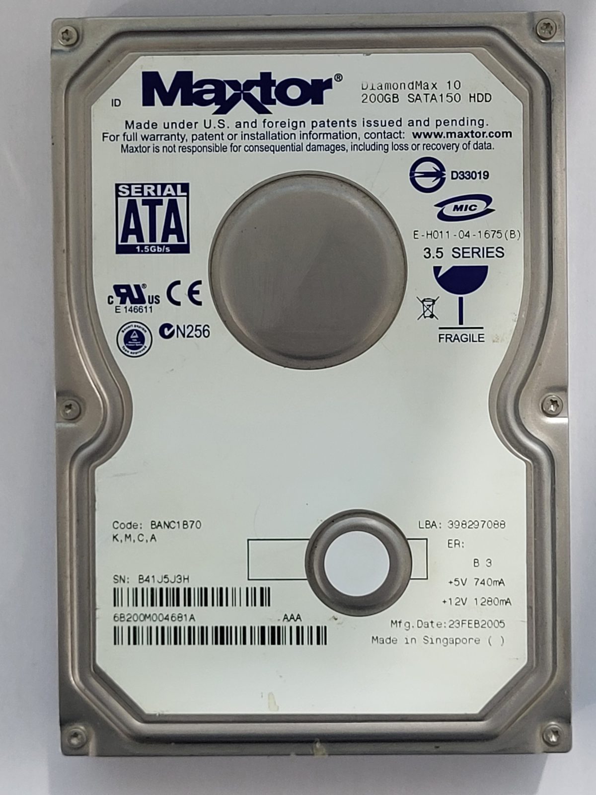 6B200M0, TLA: 6B200M004681A, 23 FEB 2005, Maxtor 200Gb 3.5" HDD STK