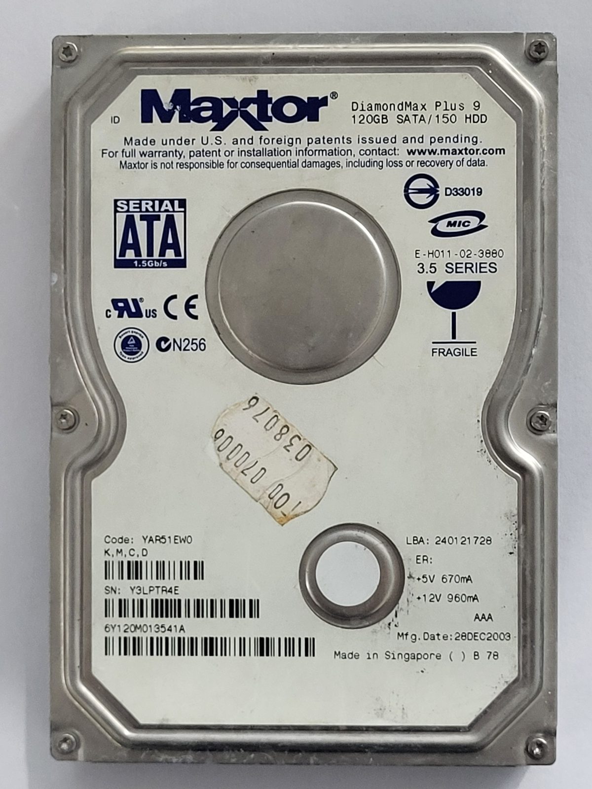 6Y120M0, TLA: 6Y120M013541A, 28 DEC 2003, Maxtor 120Gb 3.5" HDD STK