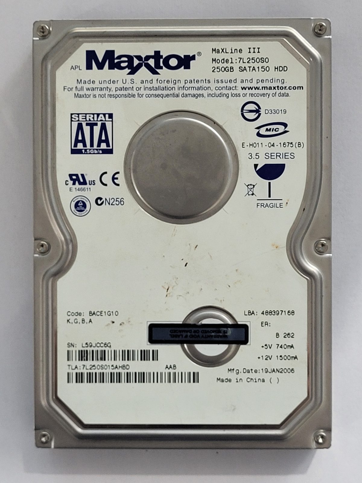 7L250S0, TLA: 7L250S015AHBD, 19 JAN 2006, Maxtor 250Gb 3.5" HDD STK