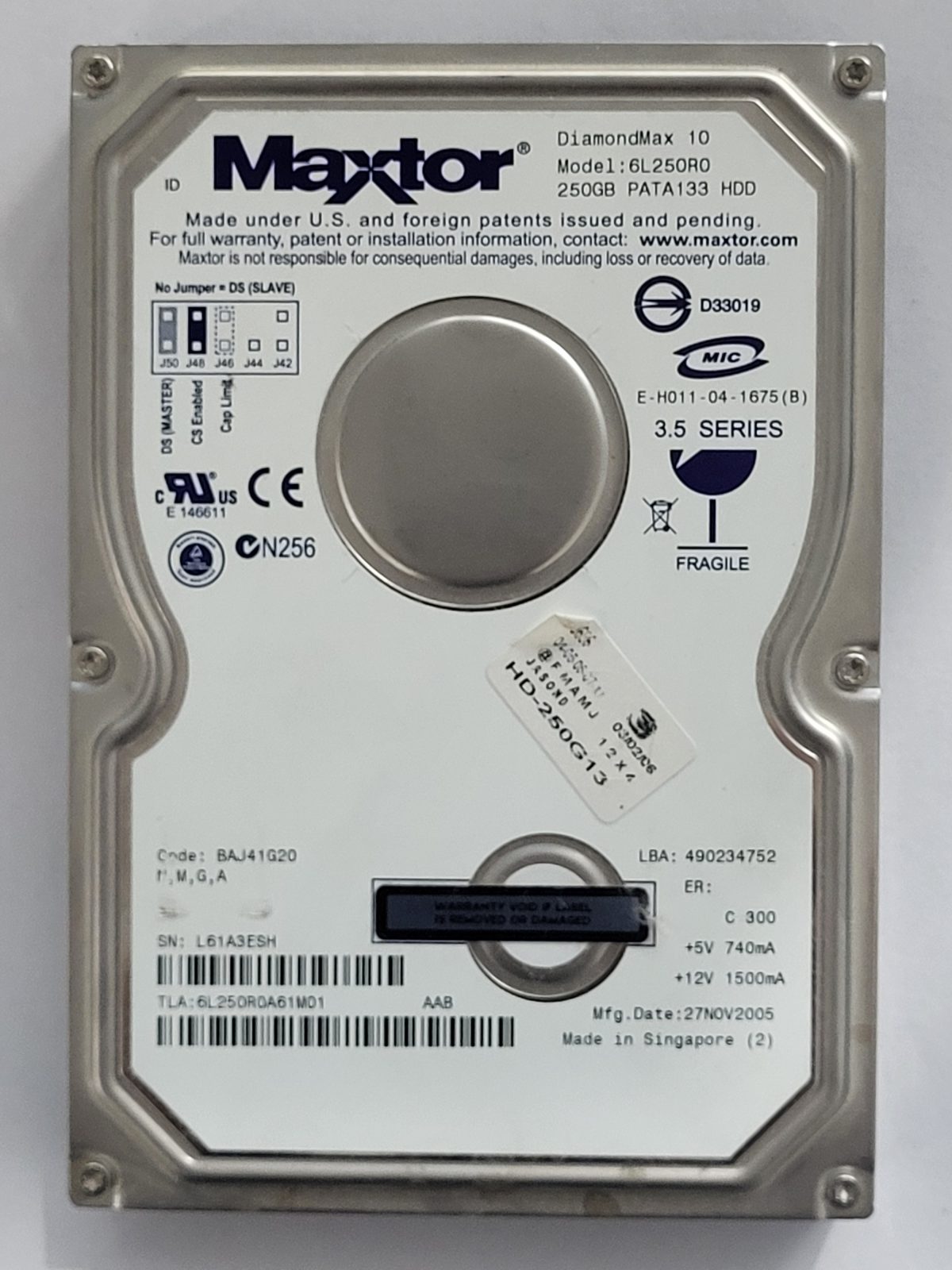 6L250R0, TLA: 6L250R0A61M01, 27 NOV 2005, Maxtor 250Gb 3.5" HDD STK