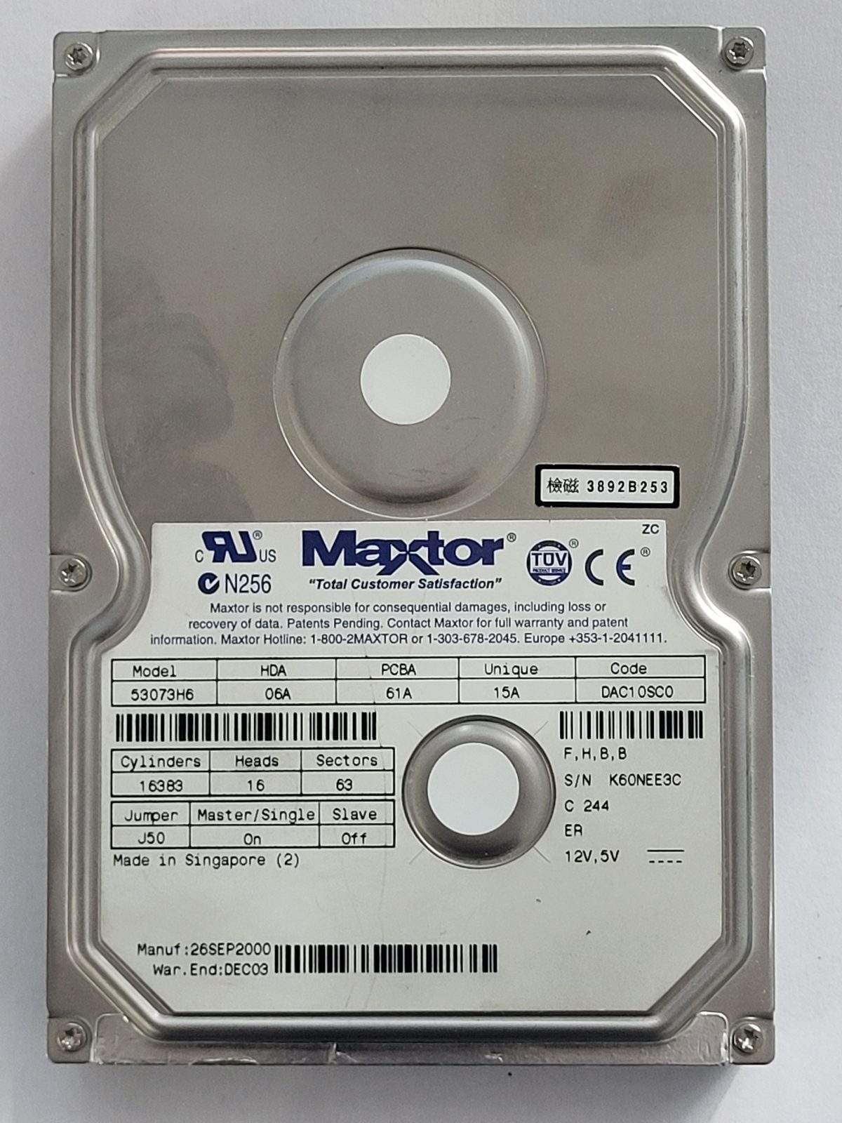 53073H6, TLA: -, 26 SEP 2000, Maxtor 30Gb 3.5" HDD STK