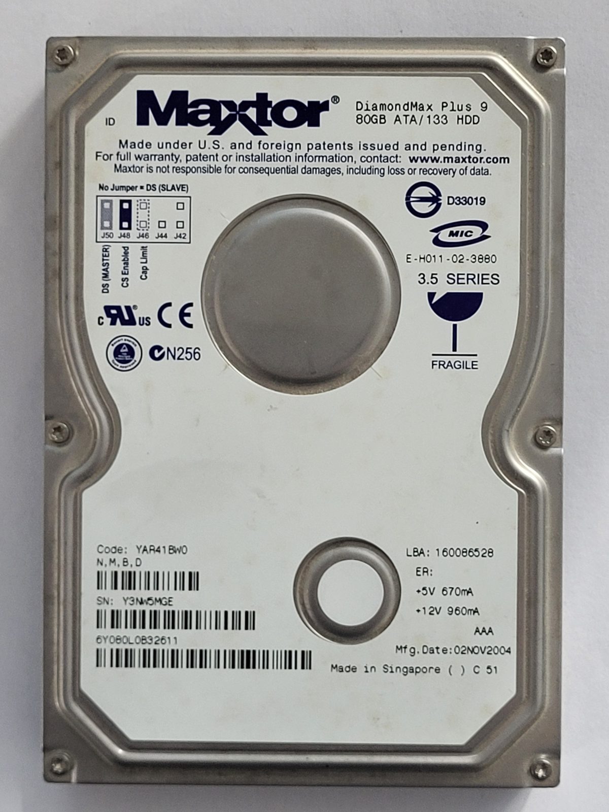 6Y080L0, TLA: 6Y080L0B32611, 02 NOV 2004, Maxtor 80Gb 3.5" HDD STK
