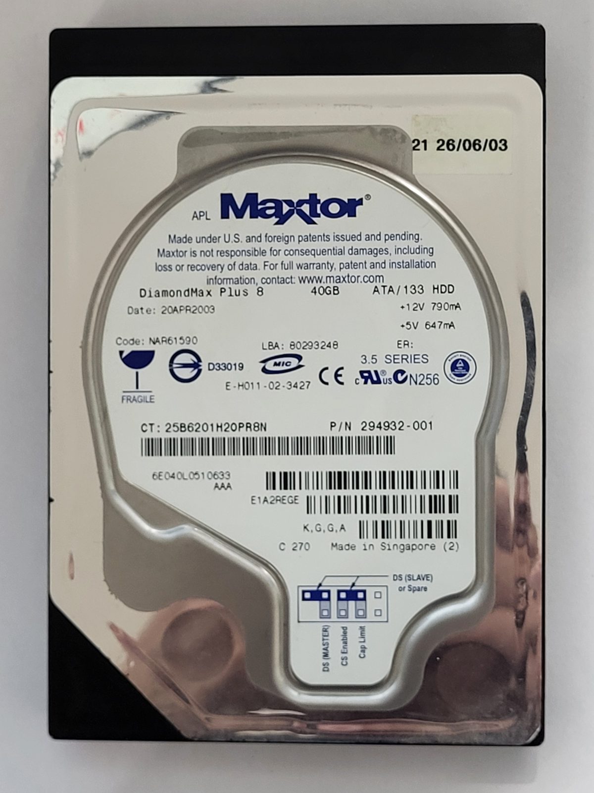6E040L0, TLA: 6E040L05110633, 20 APR 2003, Maxtor 40Gb 3.5" HDD STK