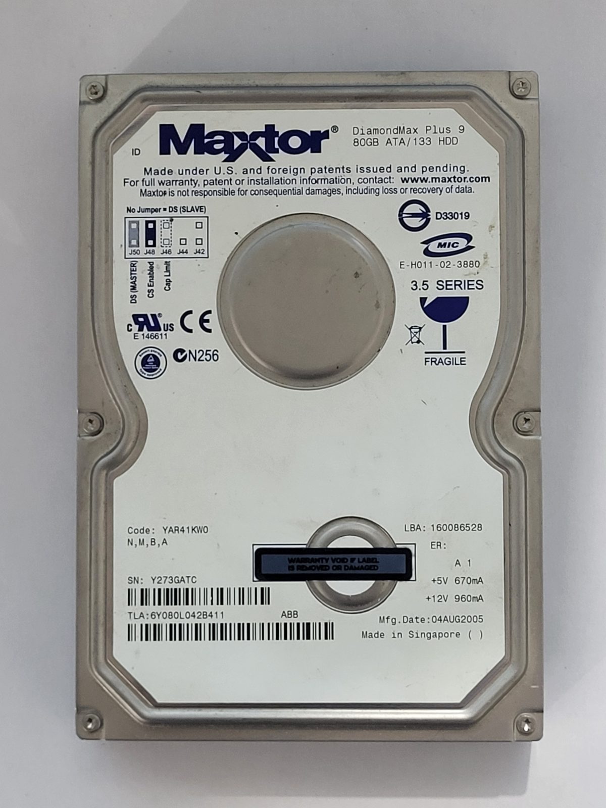 6Y080L0, TLA: 6Y080L042B411, 04 AUG 2005, Maxtor 80Gb 3.5" HDD STK