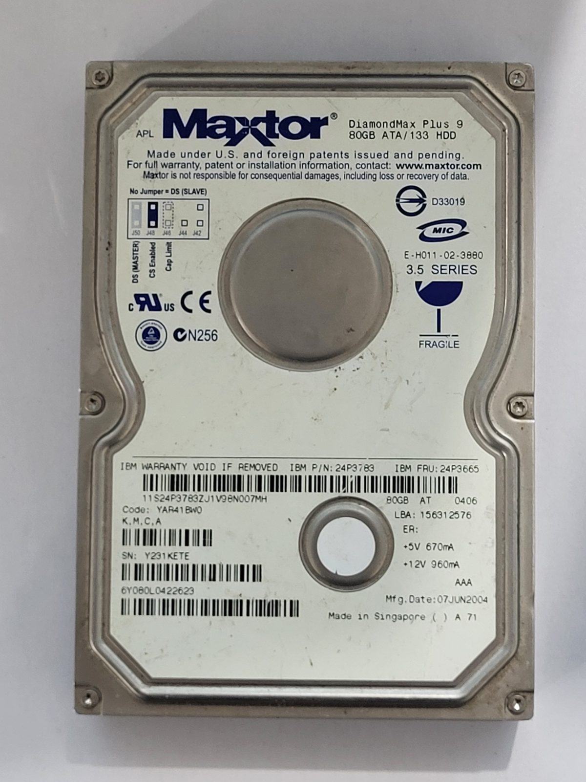 6Y080L0, TLA: 6Y080L0422623, 04 JUN 2004, Maxtor 80Gb 3.5" HDD STK